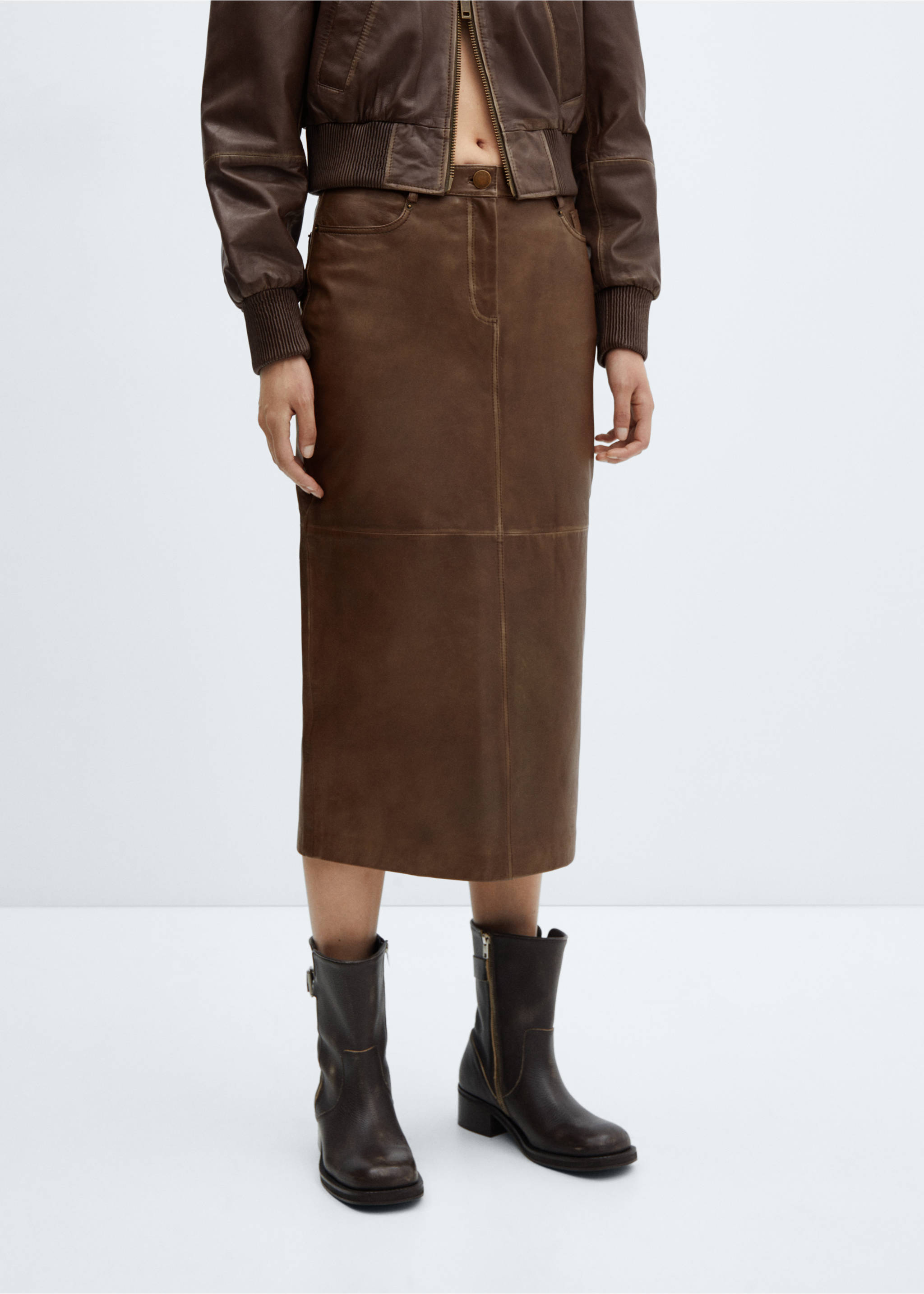 Leather midi skirt - Medium plane, Brown. Ref: 57015987-00.