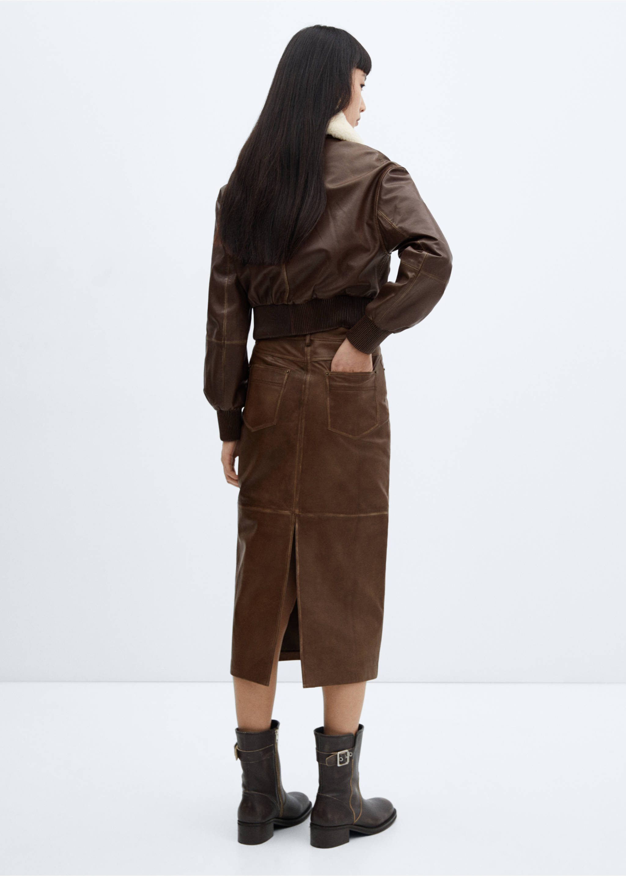 Leather midi skirt - Reverse of the article, Brown. Ref: 57015987-00.