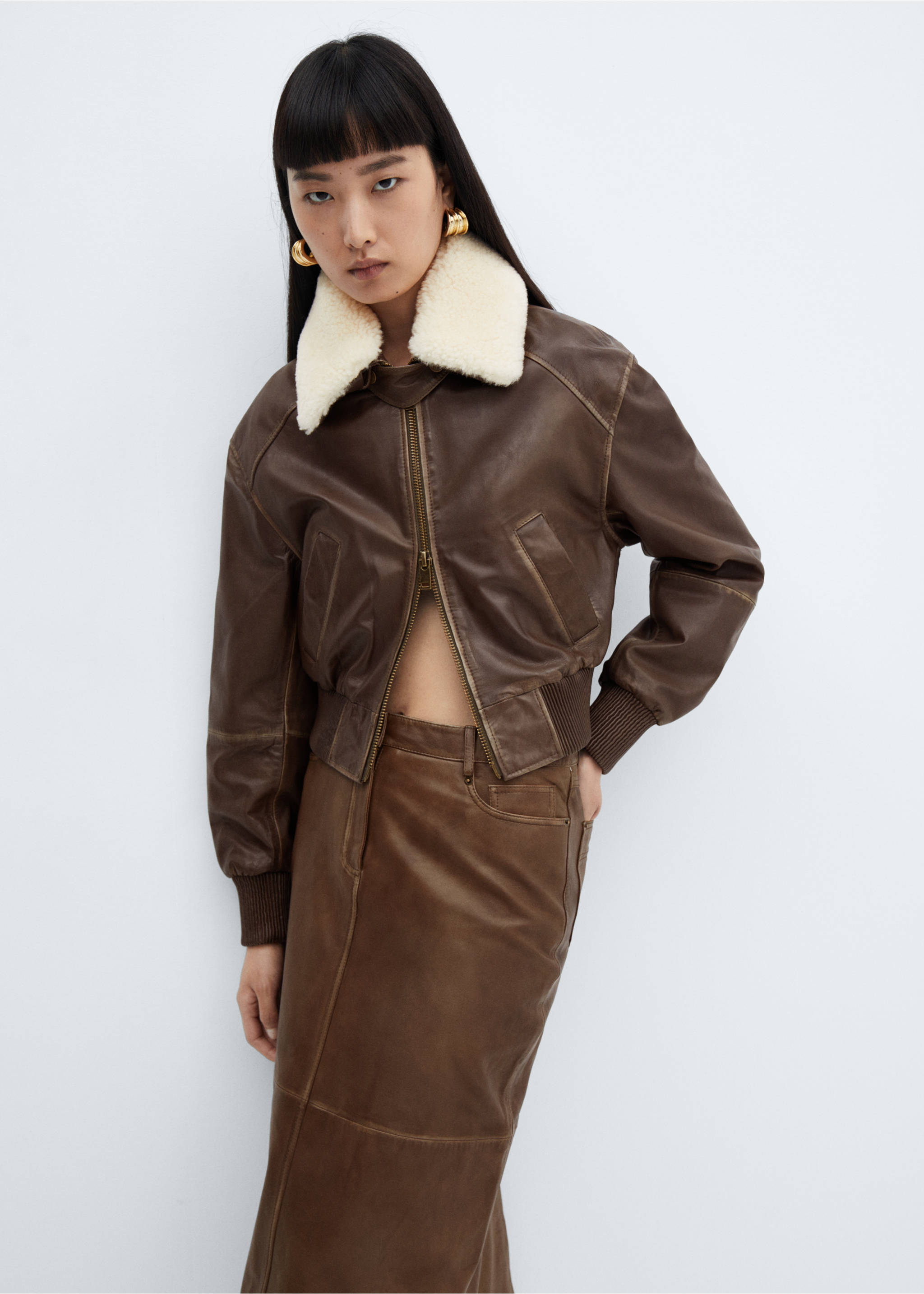 Leather midi skirt - Details of the article 1, Brown. Ref: 57015987-00.