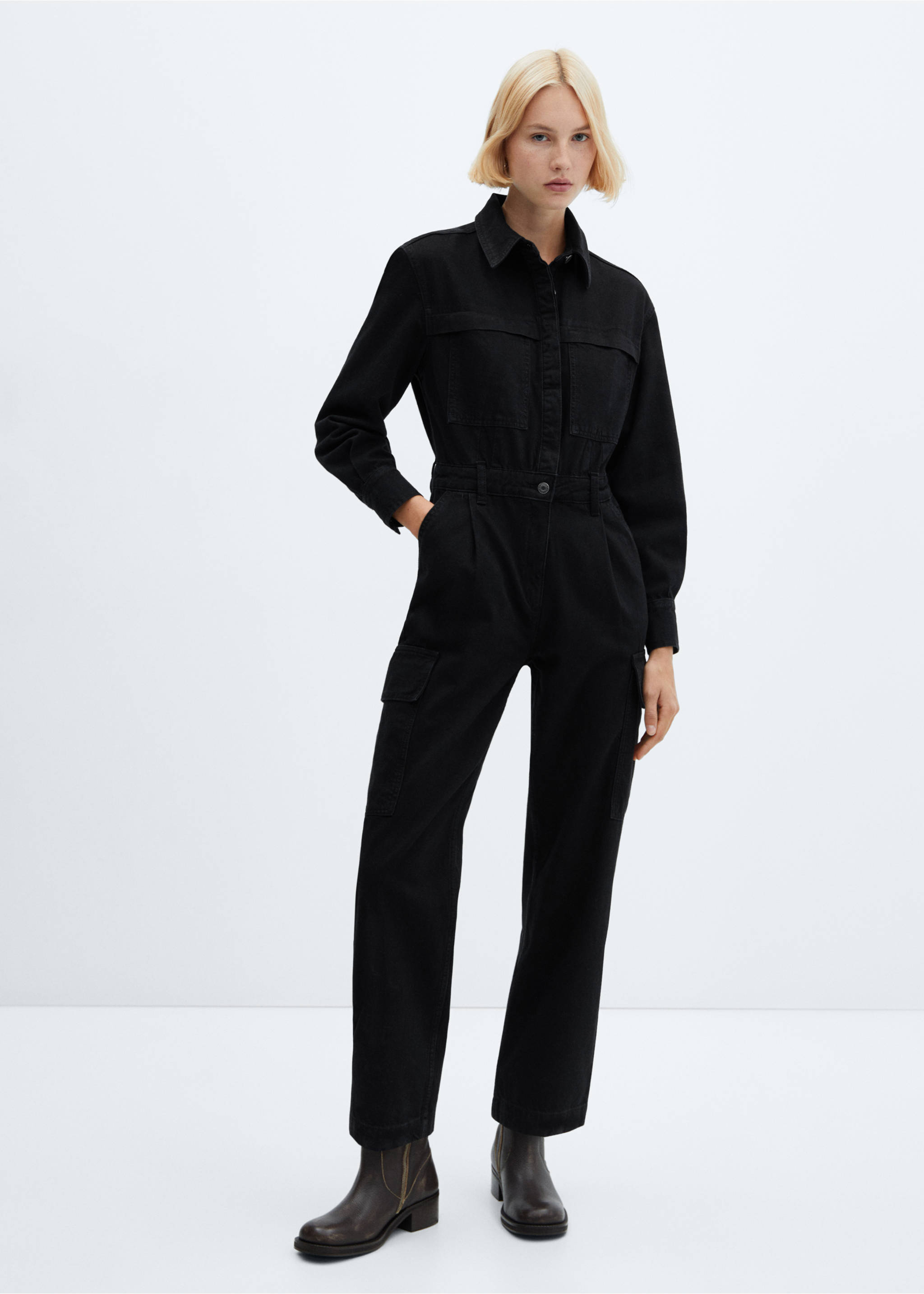 Denim cargo jumpsuit - General plane, Black denim. Ref: 57016716-00.