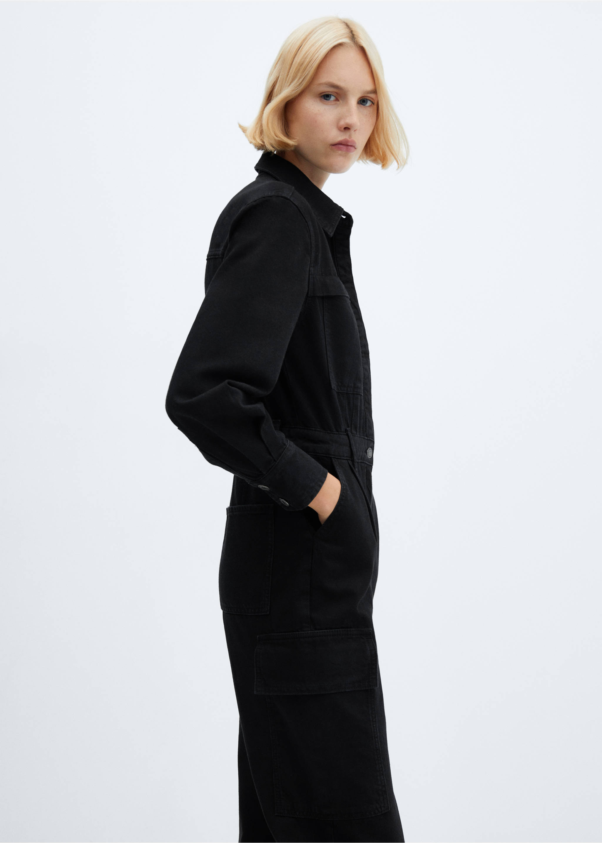 Denim cargo jumpsuit - Medium plane, Black denim. Ref: 57016716-00.