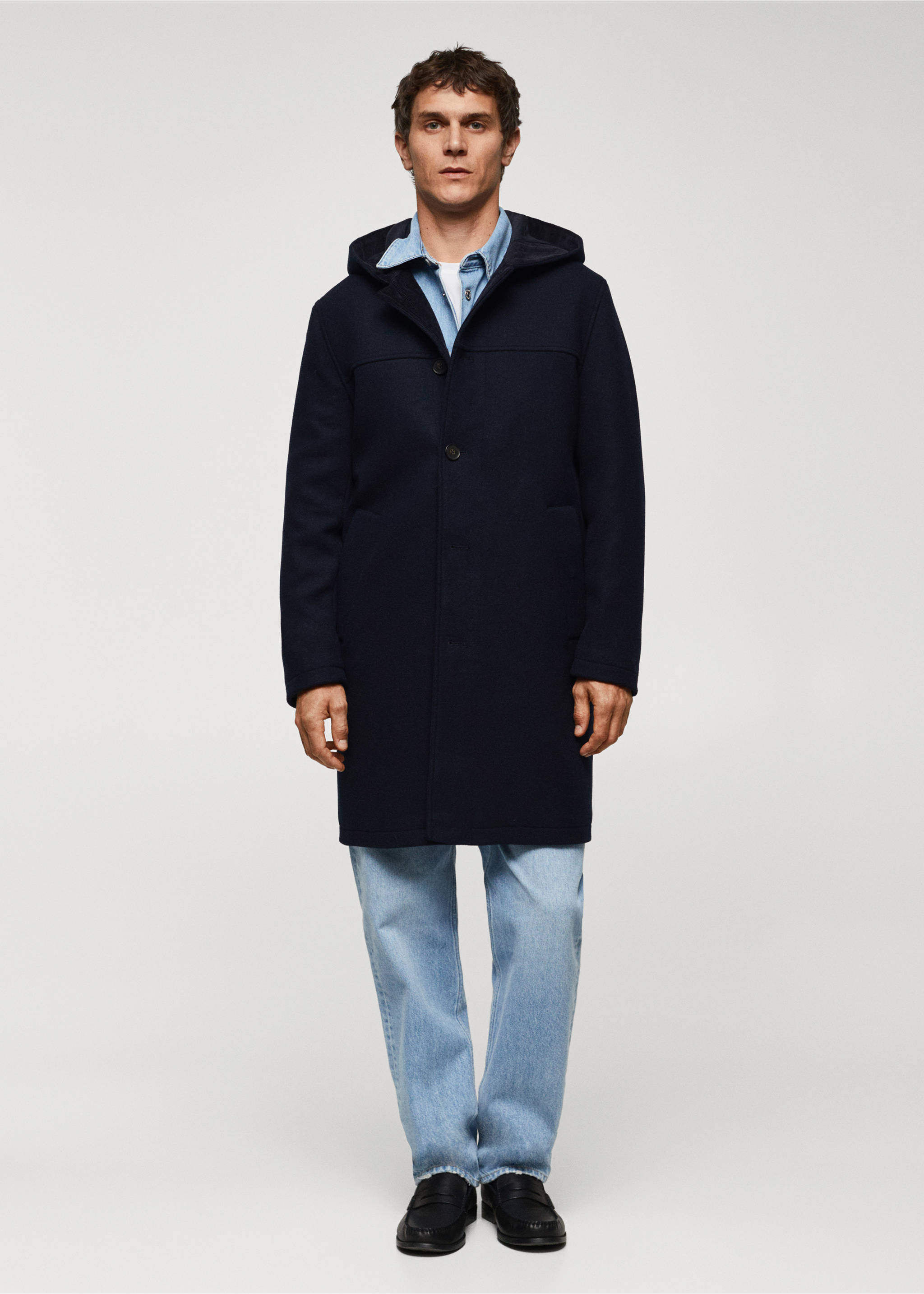 Recycled wool coat with hood - General plane, Dark Navy. Ref: 57017711-00.