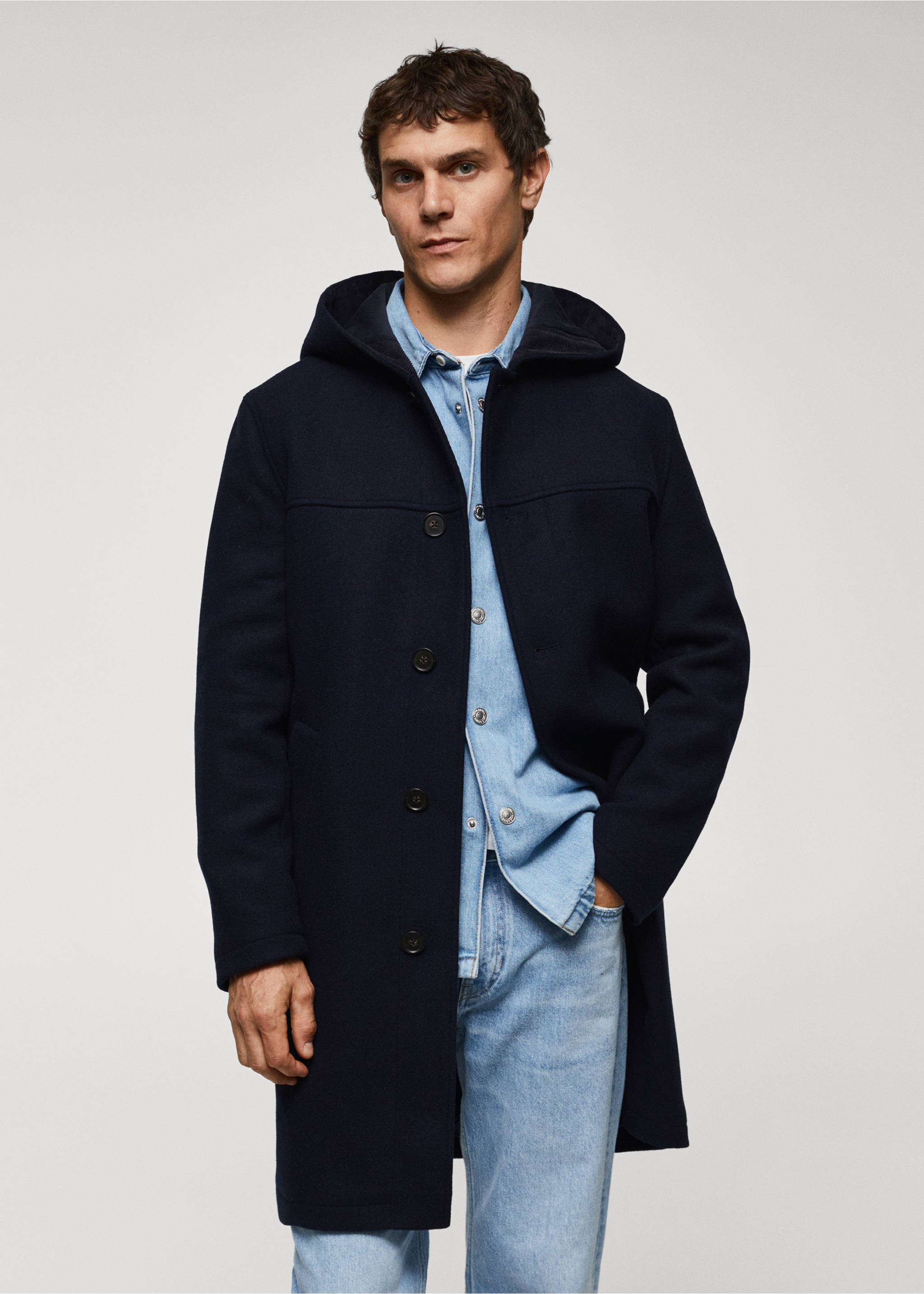 Recycled wool coat with hood - Medium plane, Dark Navy. Ref: 57017711-00.