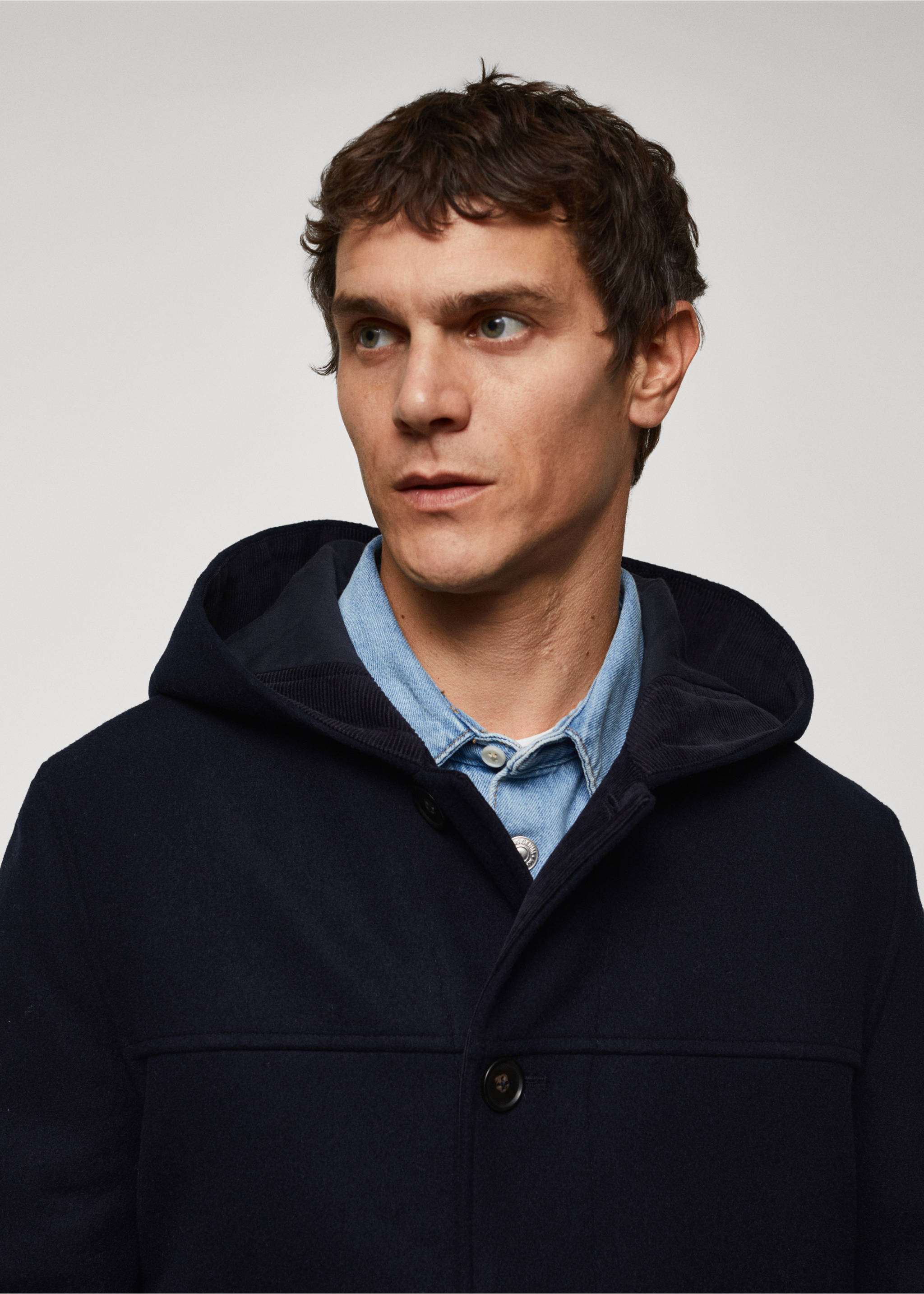 Recycled wool coat with hood - Details of the article 1, Dark Navy. Ref: 57017711-00.