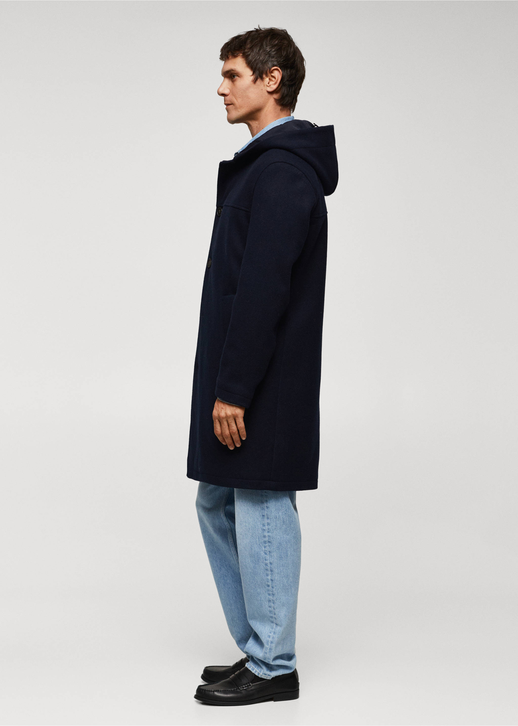 Recycled wool coat with hood - Details of the article 2, Dark Navy. Ref: 57017711-00.
