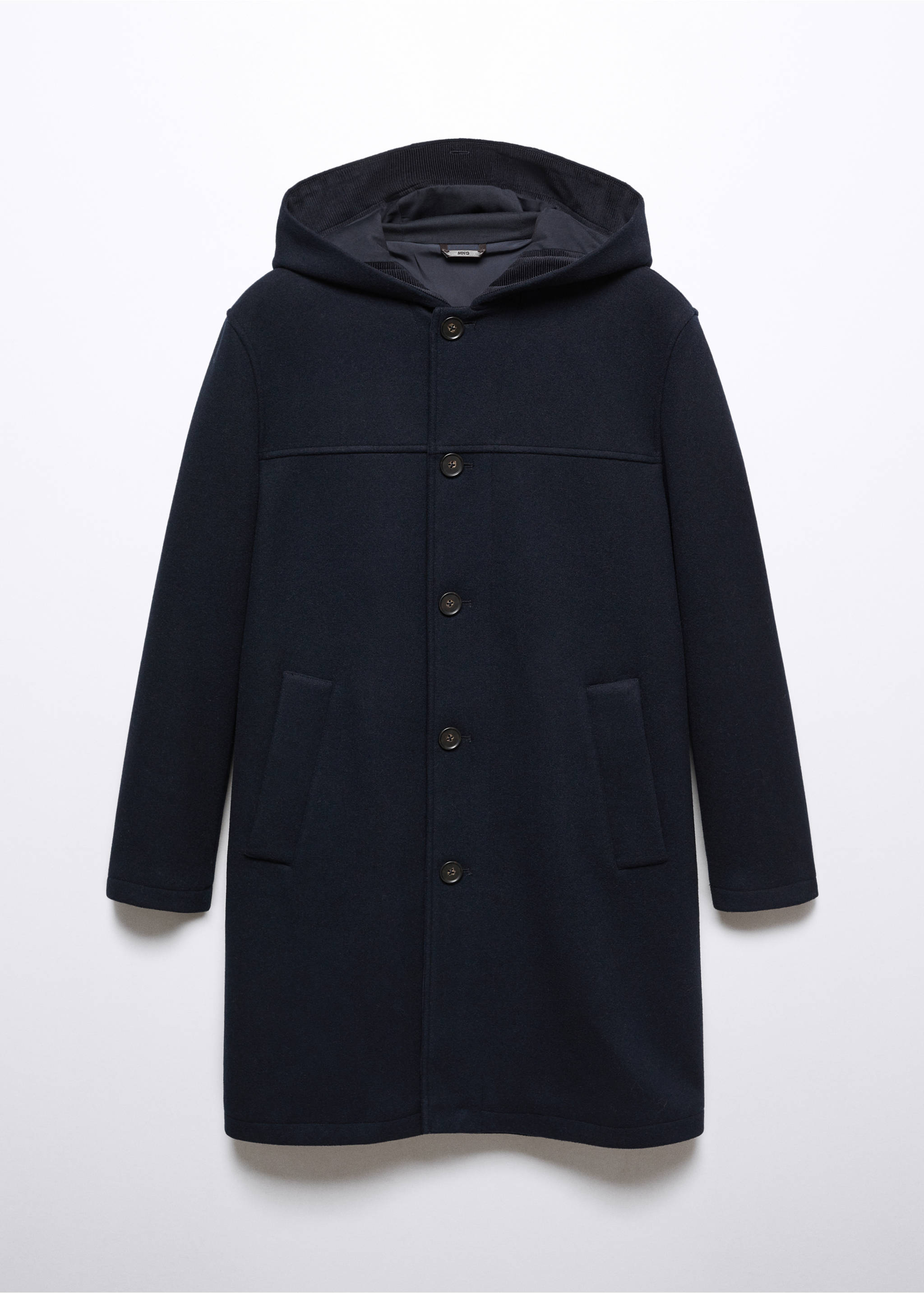 Recycled wool coat with hood - Article without model, Dark Navy. Ref: 57017711-00.