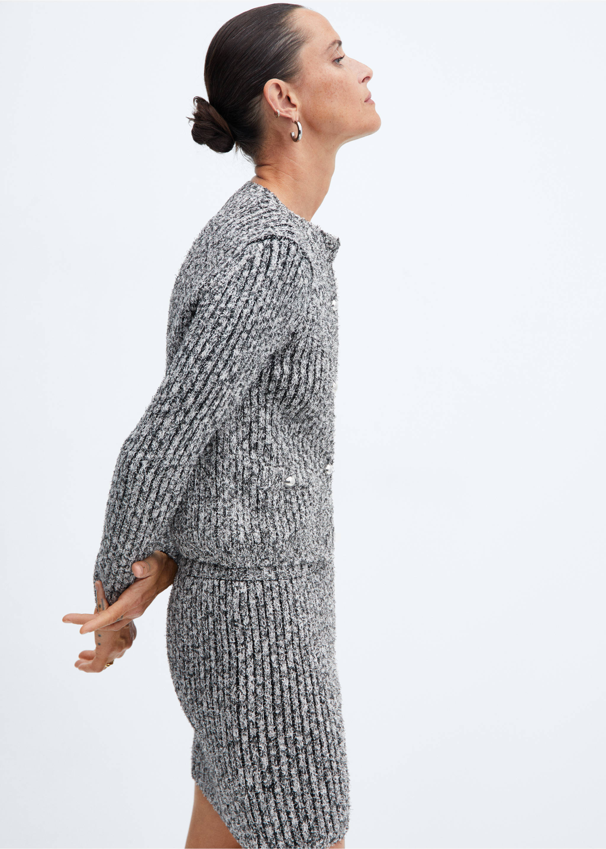 Textured rib-knit cardigan - Medium plane, Black. Ref: 57017761-00.