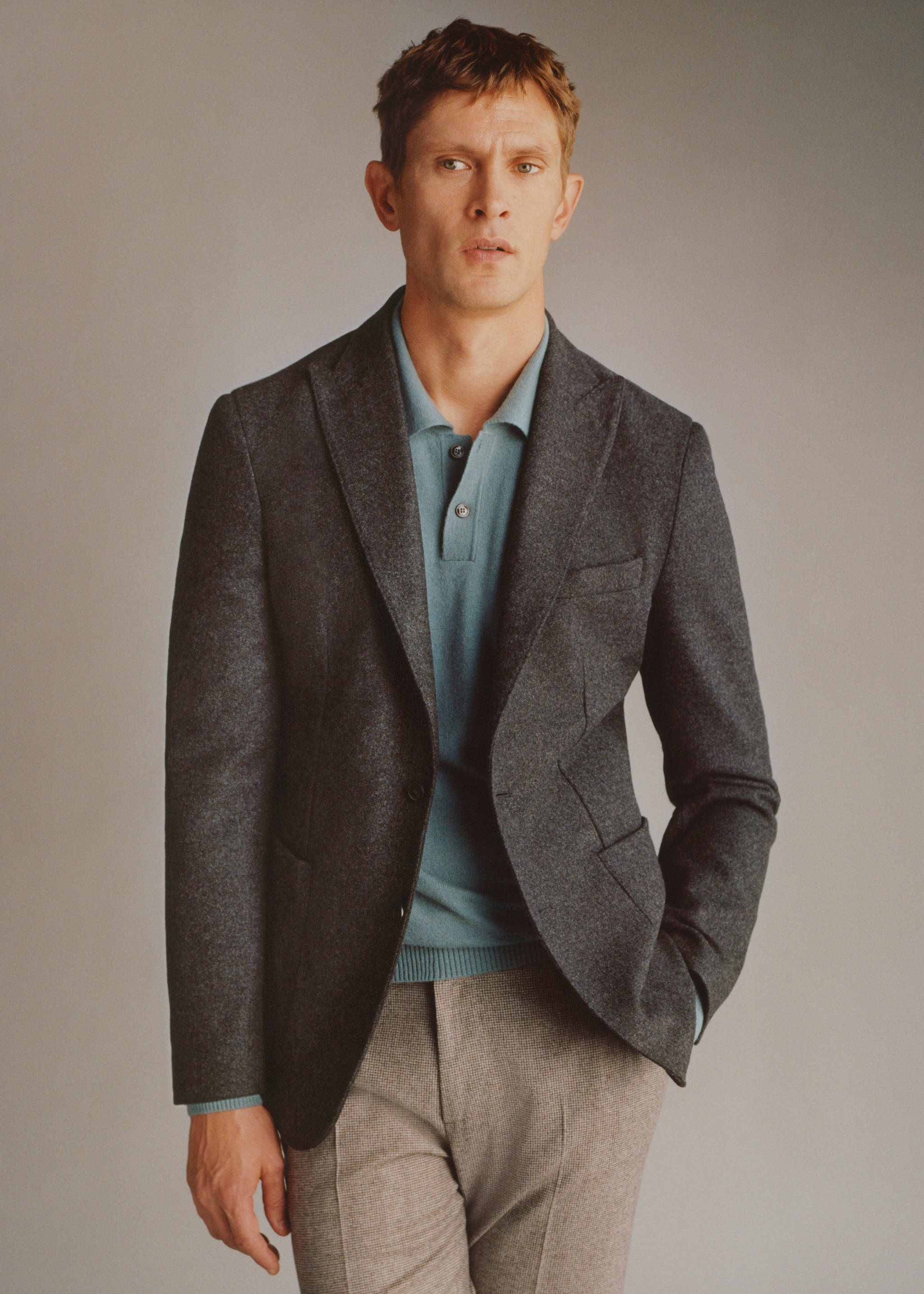 Virgin wool combined blazer - Details of the article 5, Grey. Ref: 57018635-00.