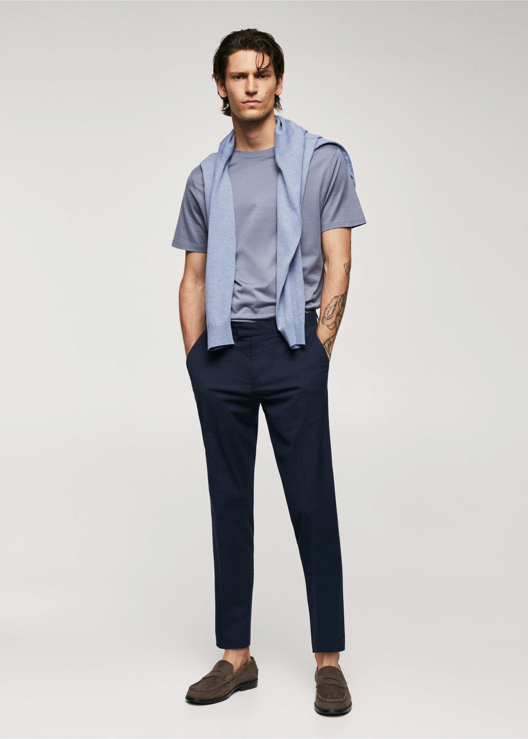 Slim-fit seersucker stretch trousers - General plane