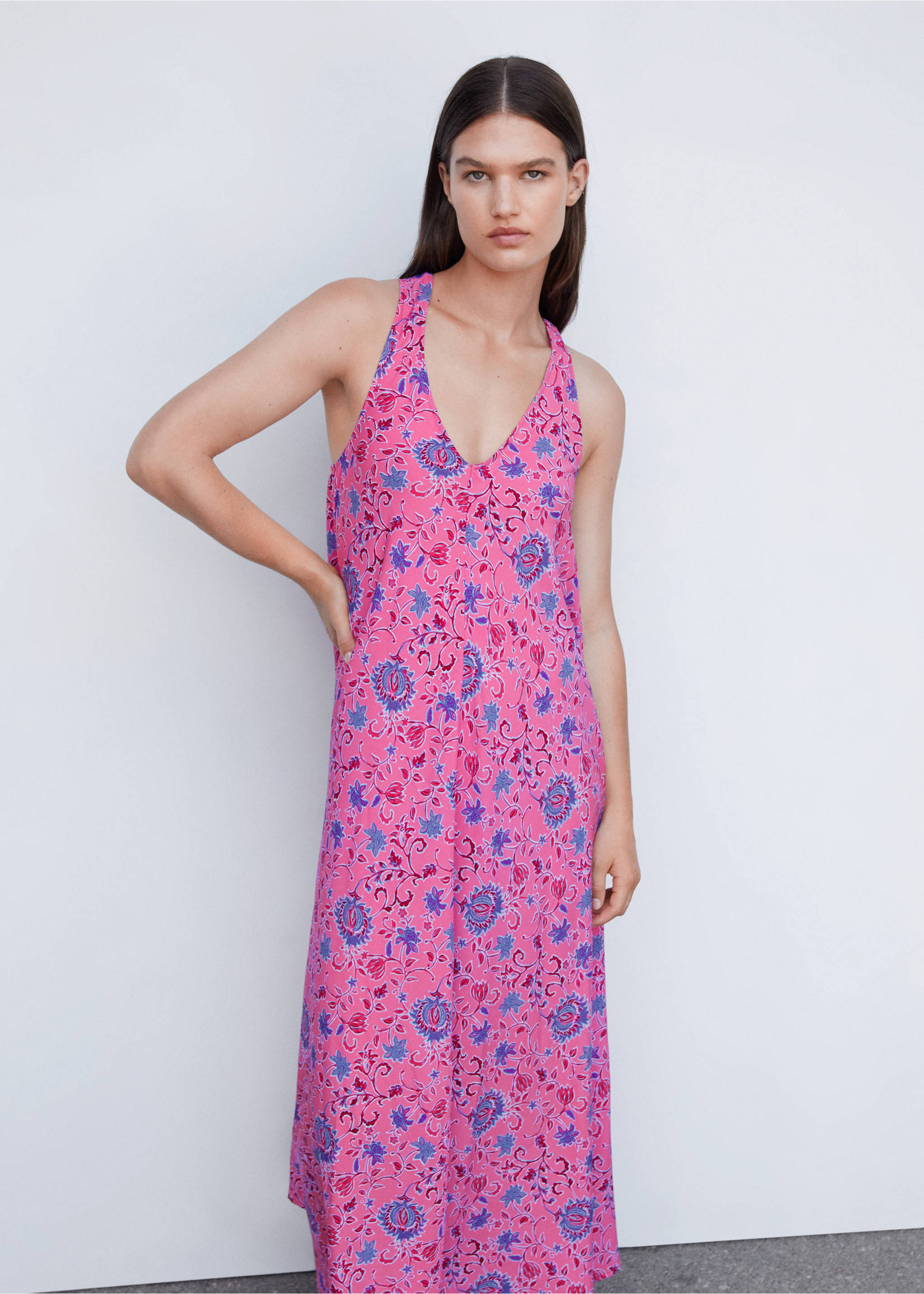 V-neck floral dress - Medium plane, Pink. Ref: 57022890-00.