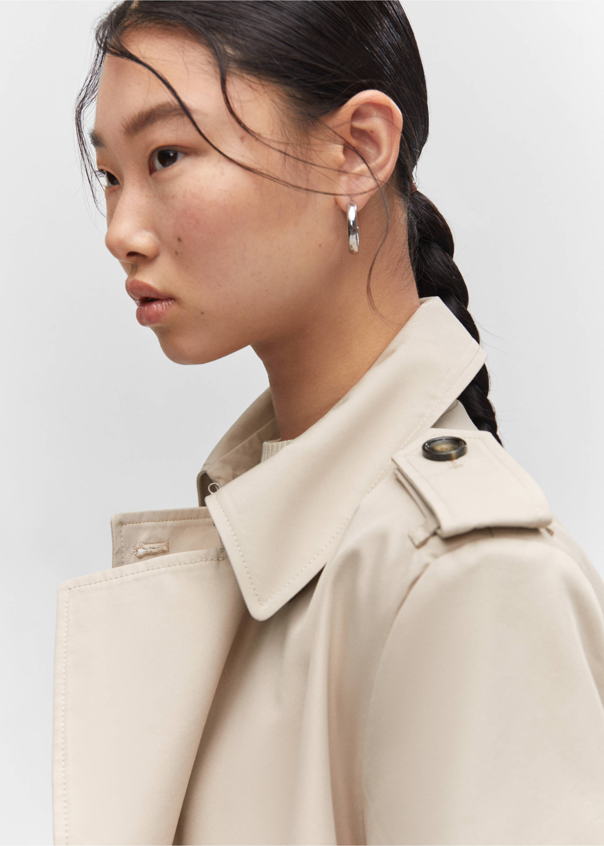Waterproof double-breasted trench coat - Details of the article 1, Light/Pastel Grey. Ref: 57023775-00.