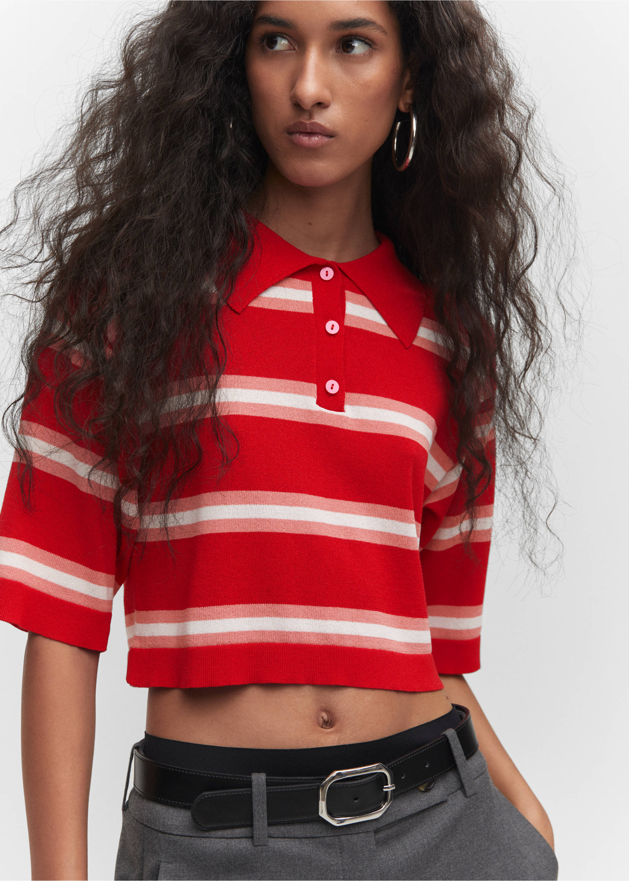 Striped polo-style sweater - Details of the article 1, Red. Ref: 57023819-00.