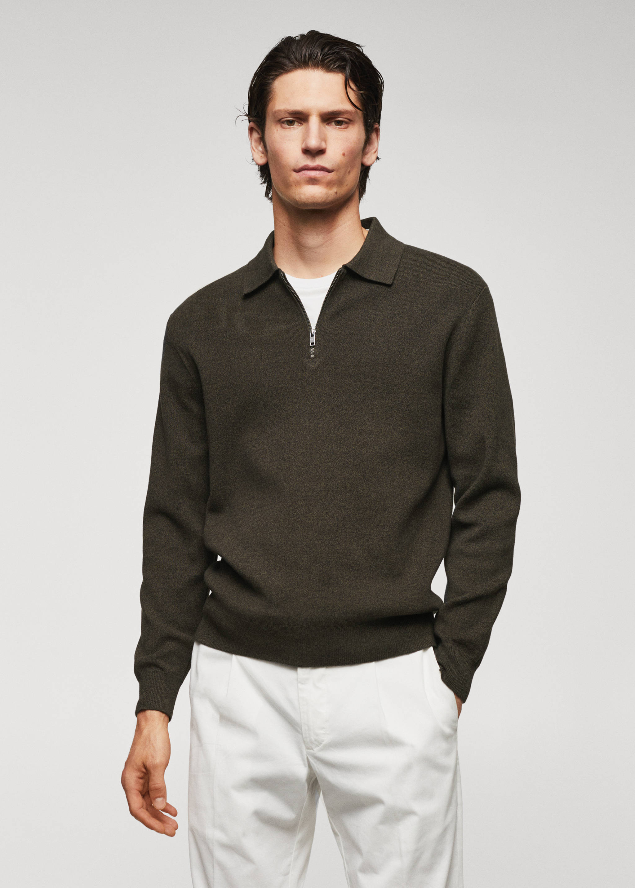 Cotton-knit polo shirt with zip - Medium plane