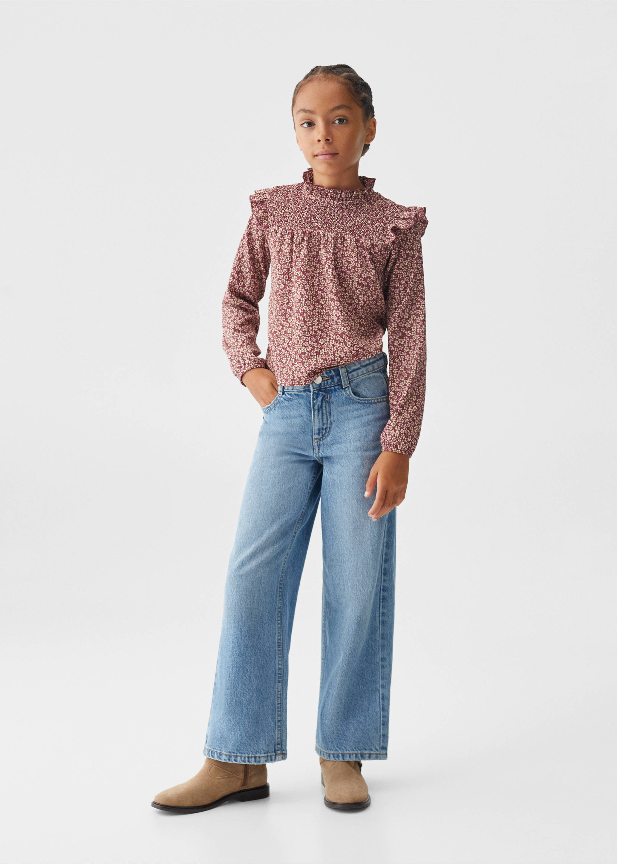 Floral print ruffle t-shirt - General plane, Maroon. Ref: 57024430-00.