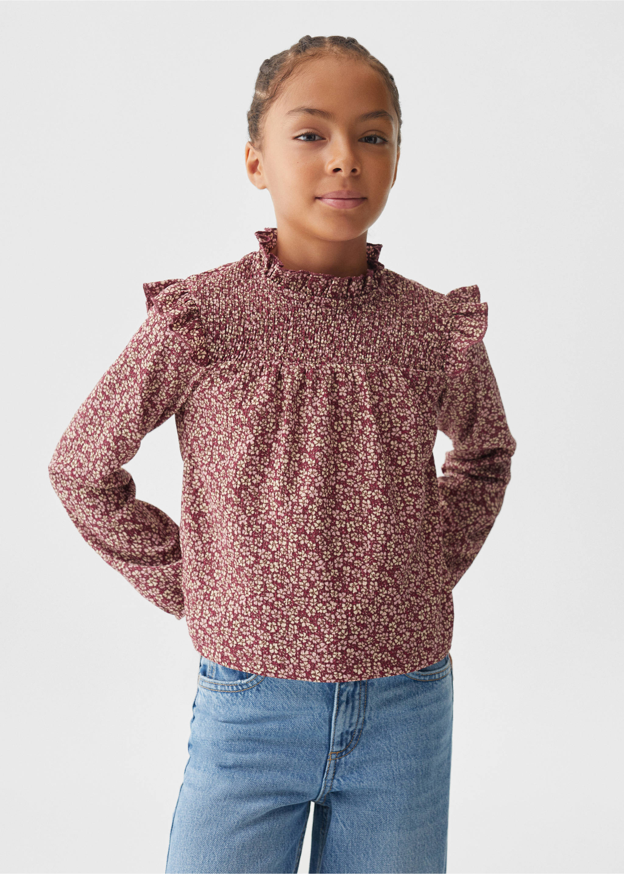 Floral print ruffle t-shirt - Medium plane, Maroon. Ref: 57024430-00.