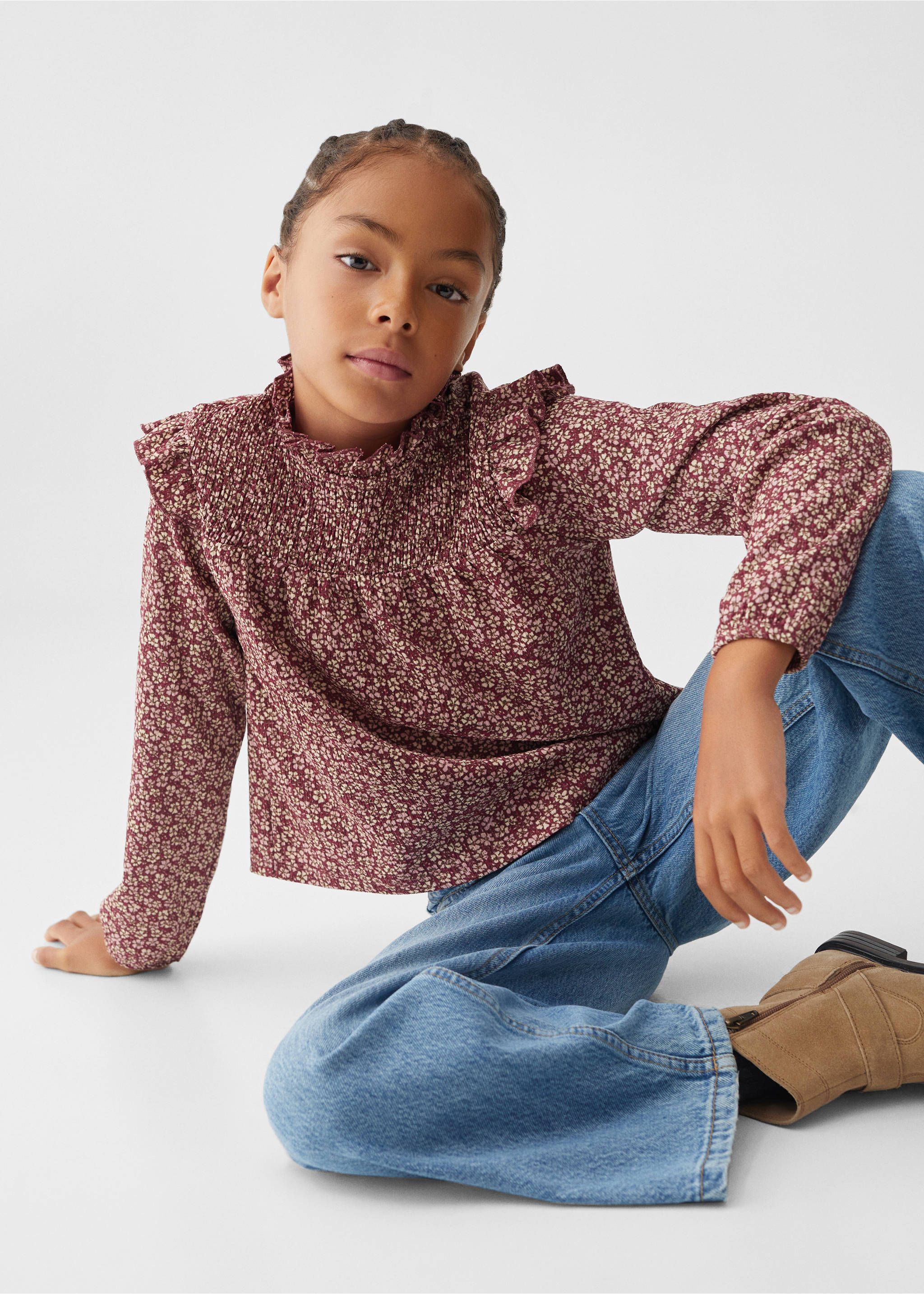 Floral print ruffle t-shirt - Details of the article 2, Maroon. Ref: 57024430-00.