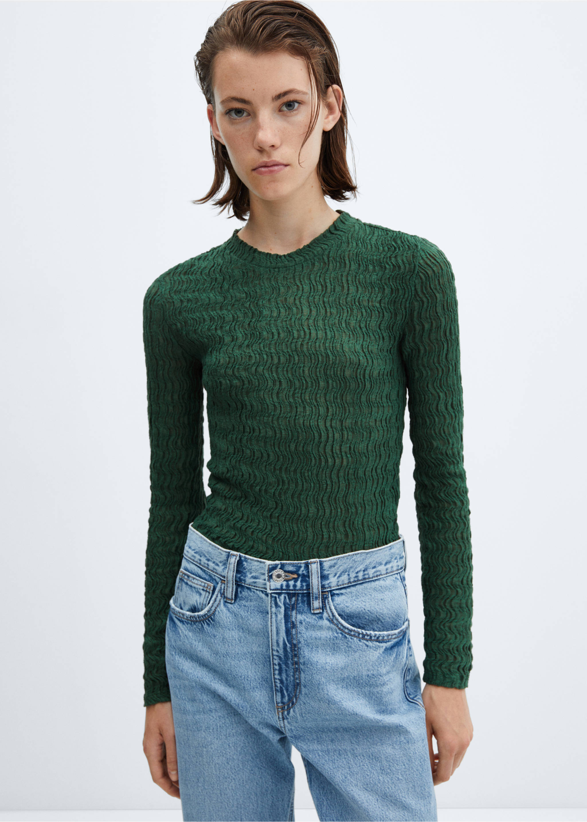 Gathered knitted t-shirt - Medium plane, Green. Ref: 57025811-00.