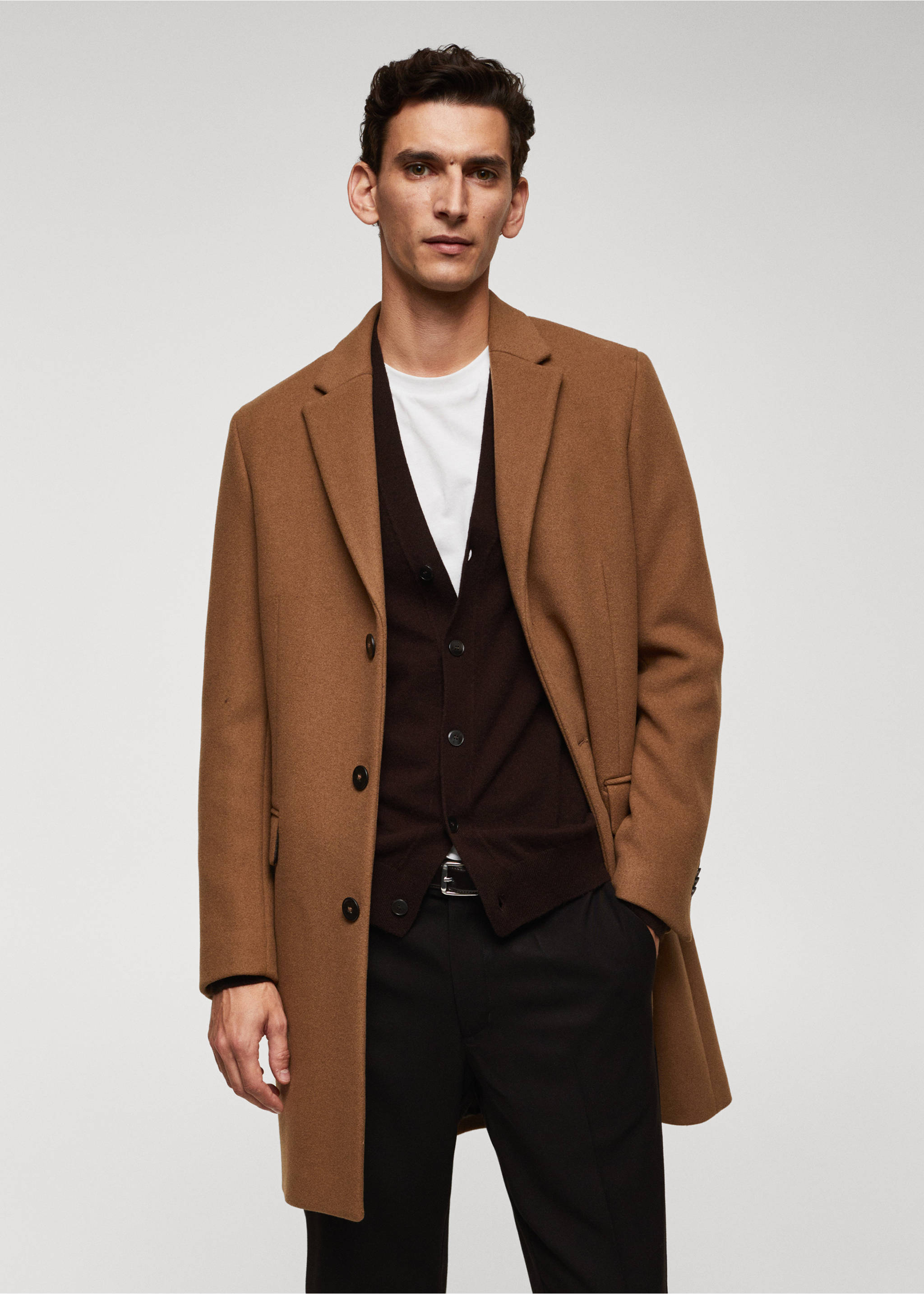 Long recycled wool coat - Medium plane, Medium Brown. Ref: 57025948-00.