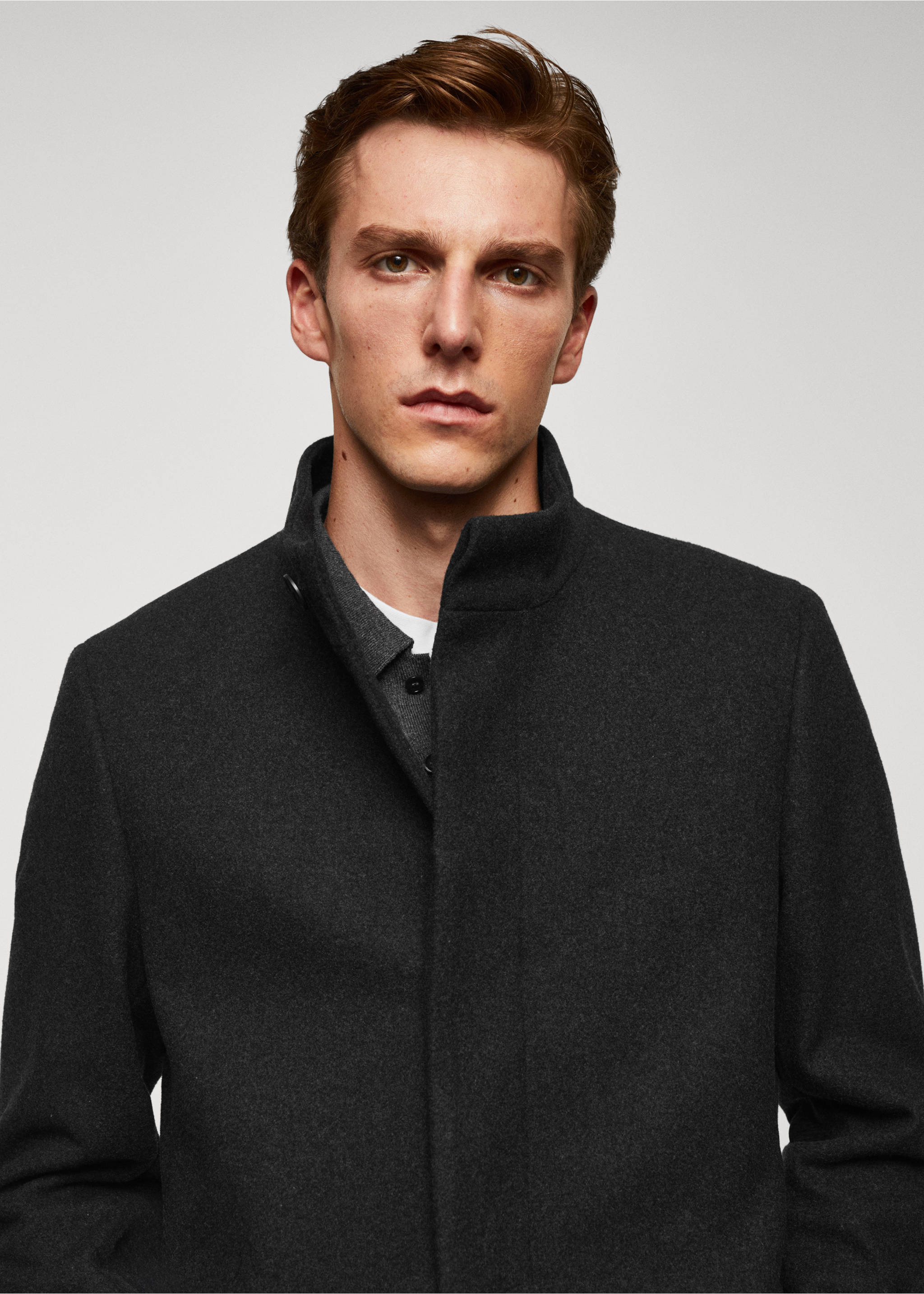 Wool funnel neck coat - Details of the article 1, Grey. Ref: 57025950-00.