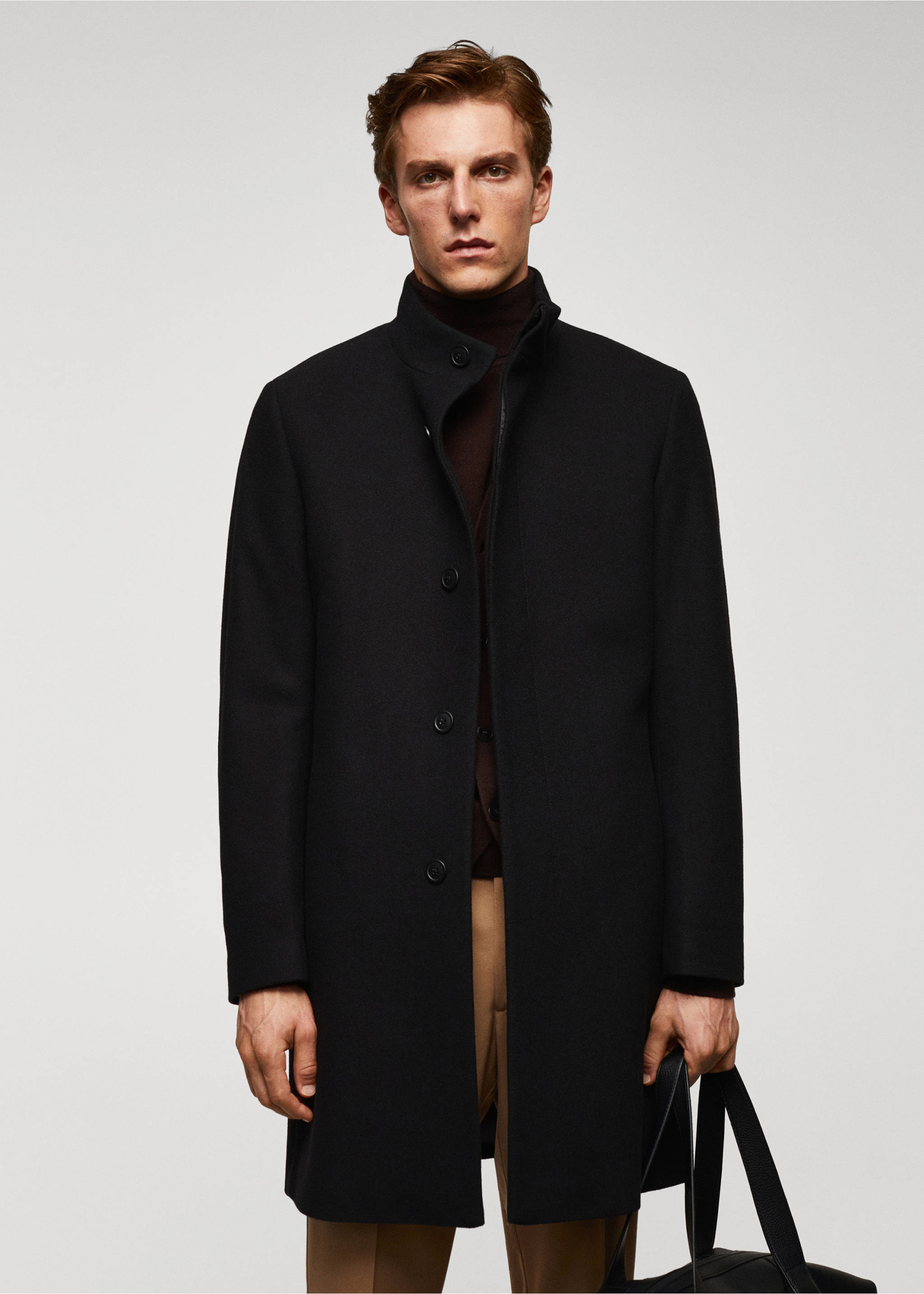 Wool funnel neck coat - Medium plane, Black. Ref: 57025950-00.