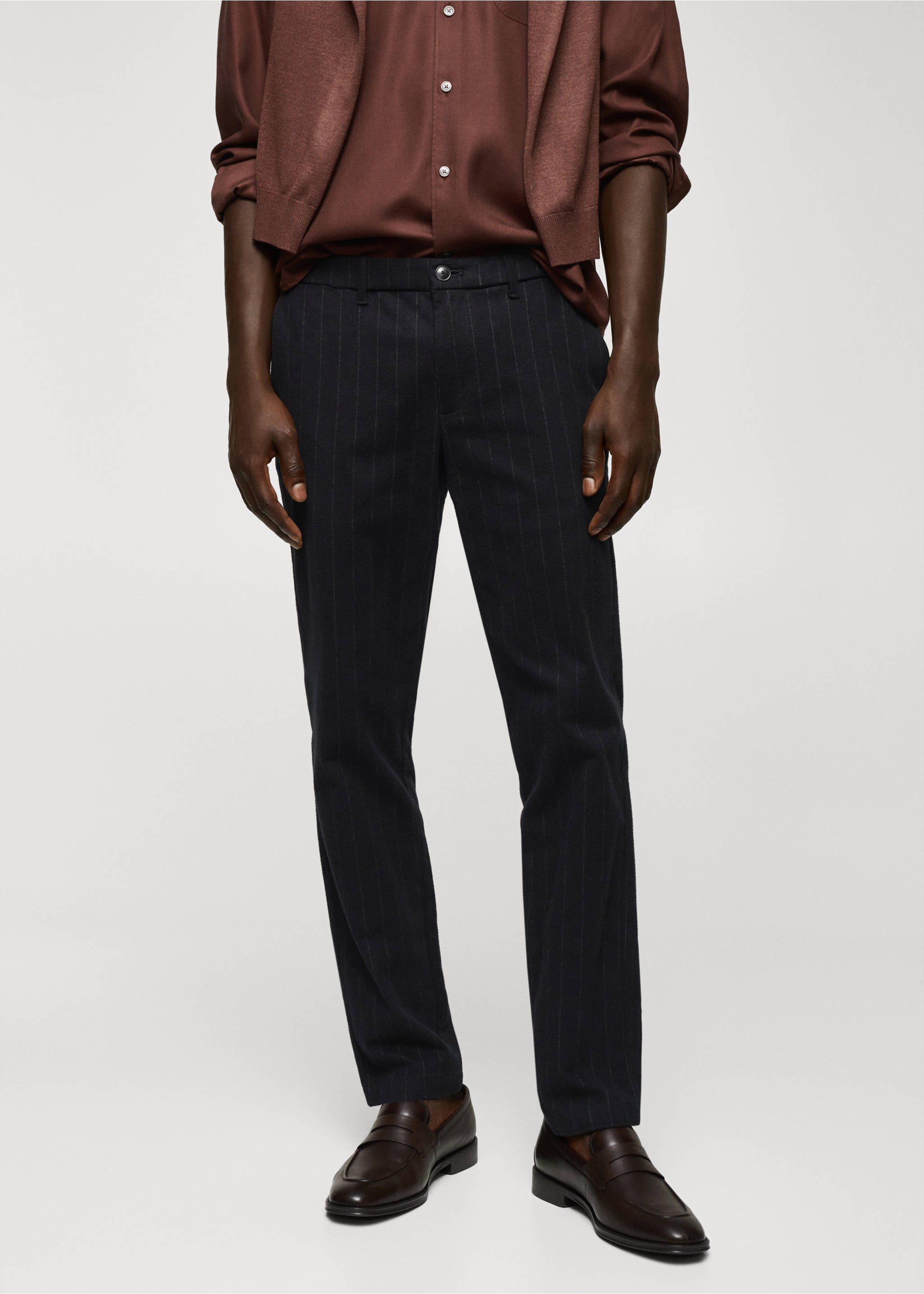 Pinstripe cotton slim-fit trousers - Medium plane, Night Blue. Ref: 57025955-00.