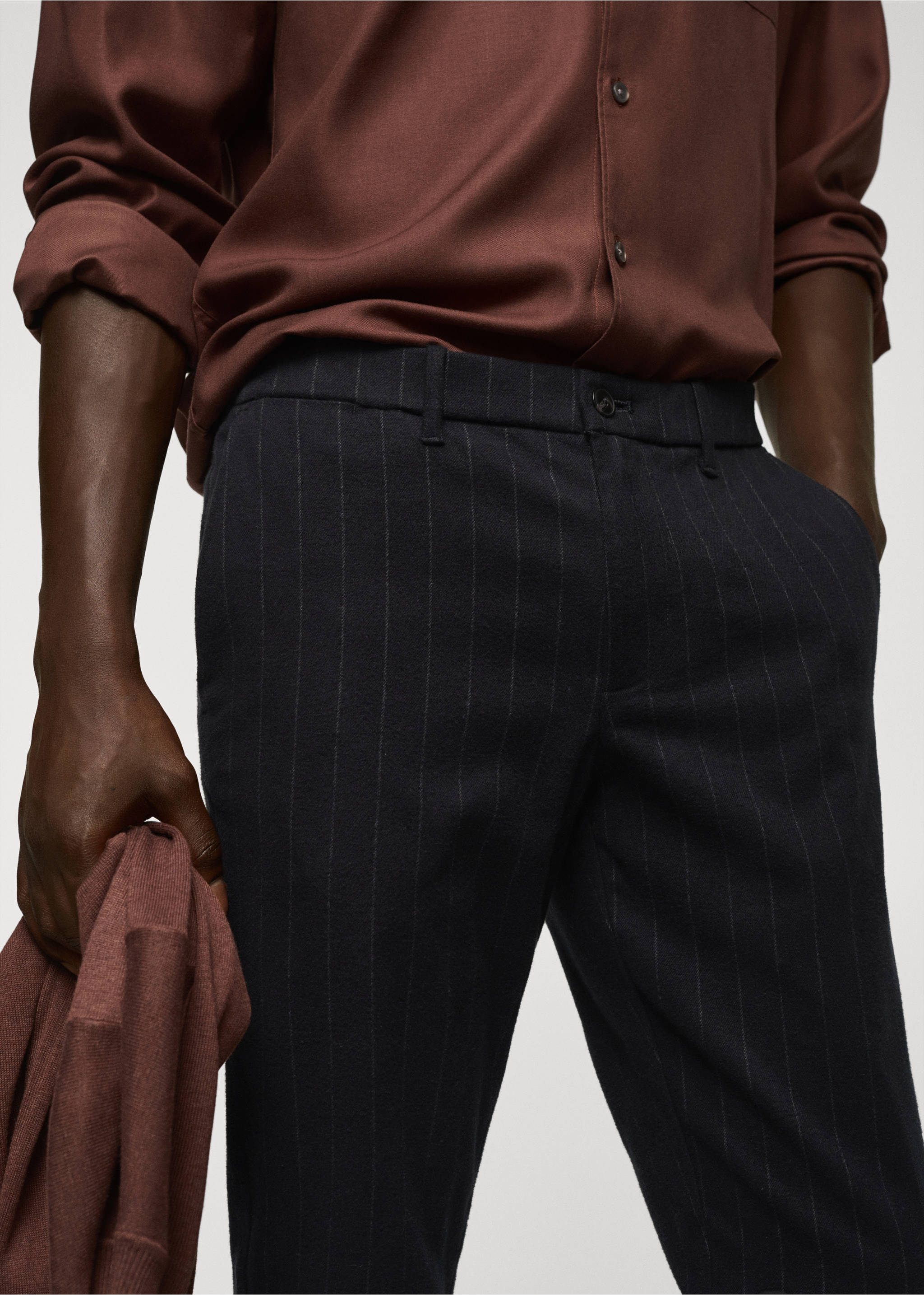 Pinstripe cotton slim-fit trousers - Details of the article 1, Night Blue. Ref: 57025955-00.