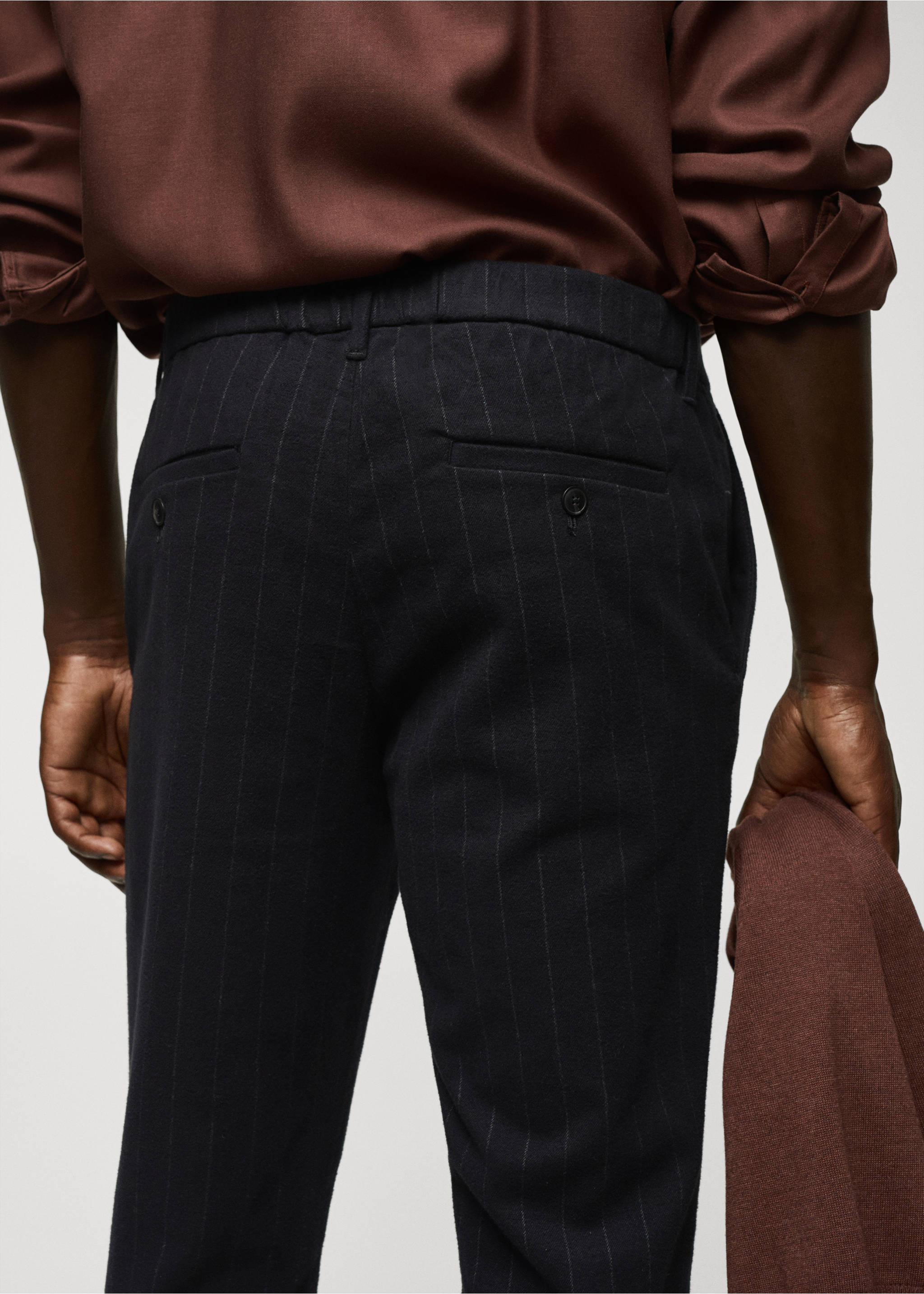 Pinstripe cotton slim-fit trousers - Details of the article 4, Night Blue. Ref: 57025955-00.