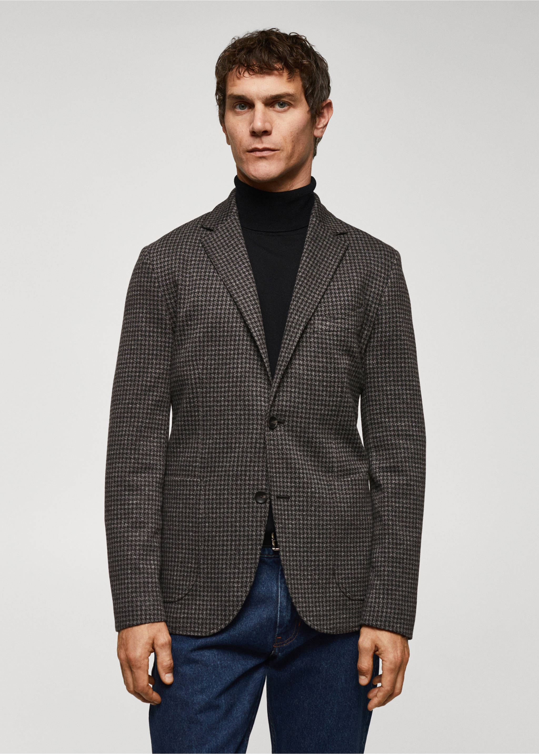 Slim Fit-Sakko mit Mikro-Hahnentrittmuster - Mittlere Ansicht, Grau. Ref: 57025961-00.