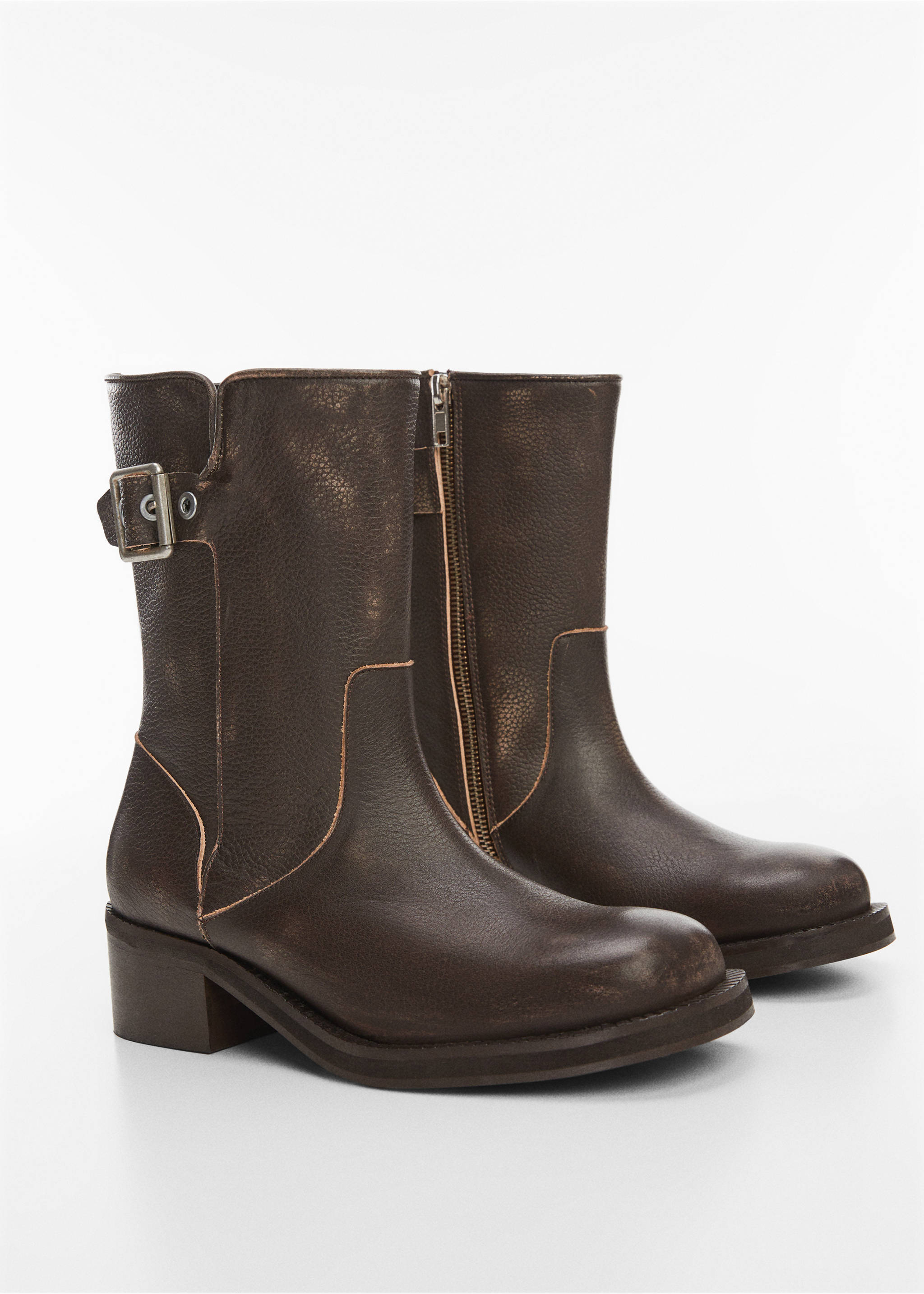 Leather biker ankle boots - Medium plane, Brown. Ref: 57026009-00.