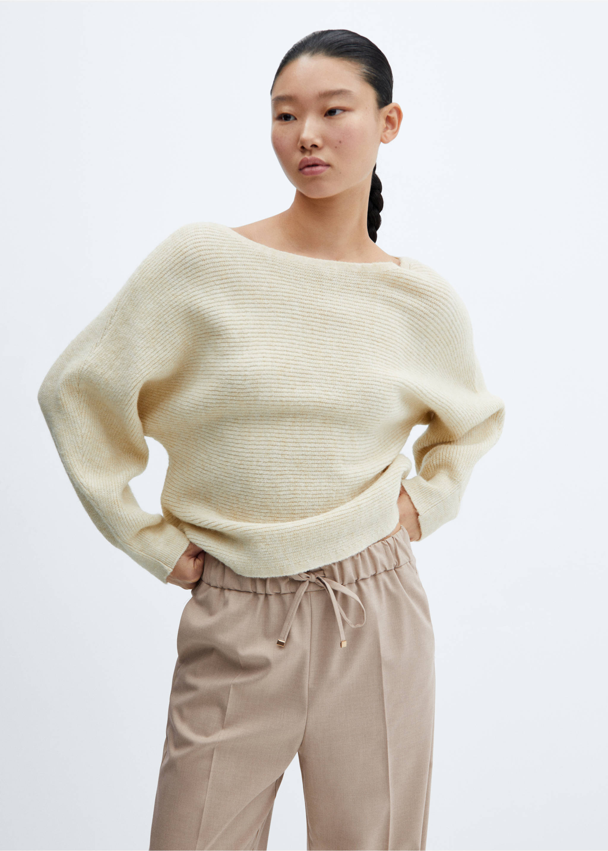 Wide leg trousers with elastic waist - Details of the article 1, Beige. Ref: 57026717-00.