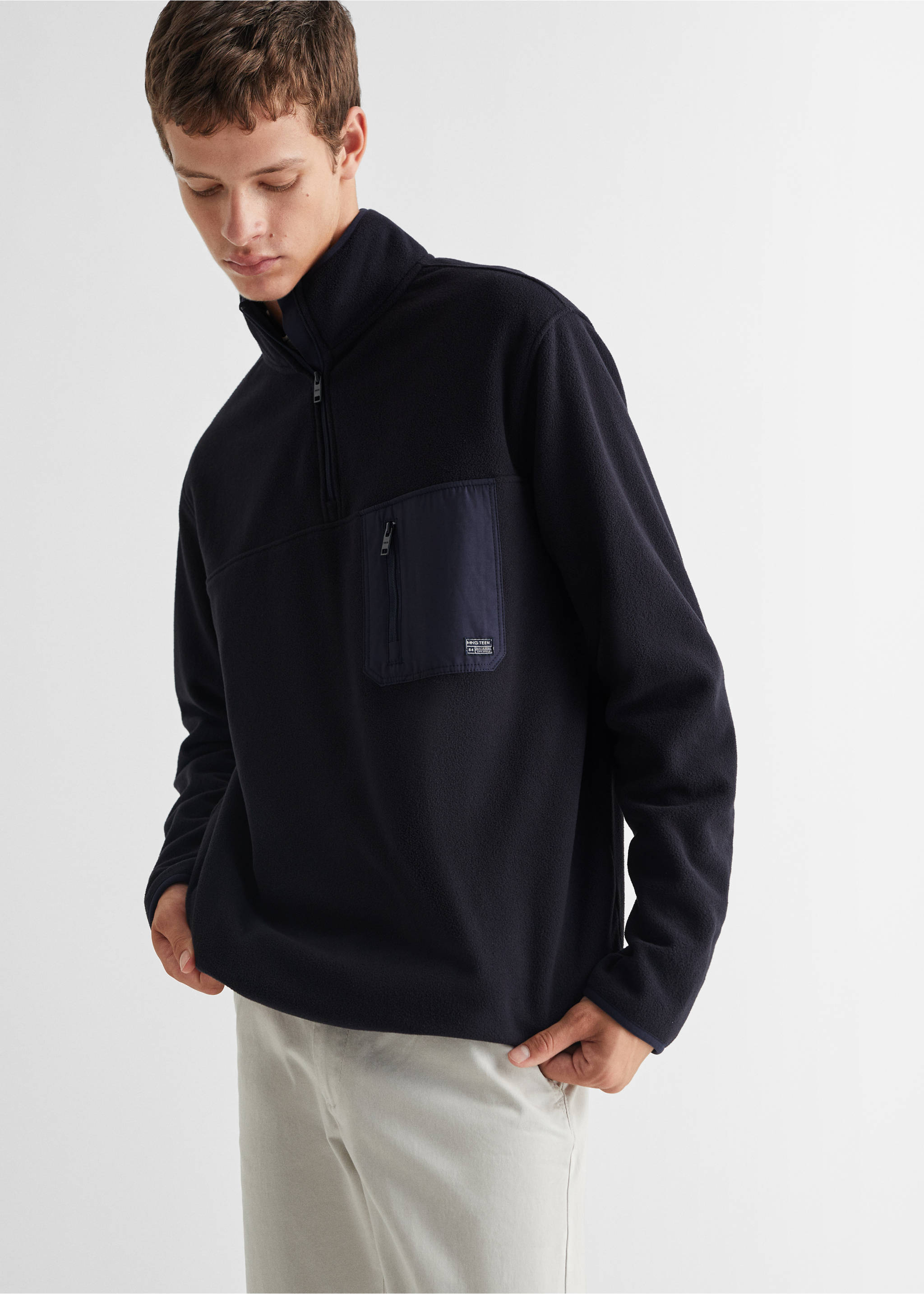Sweat-shirt polaire col zippé - Plan moyen, Bleu marine foncé. Ref: 57027722-00.