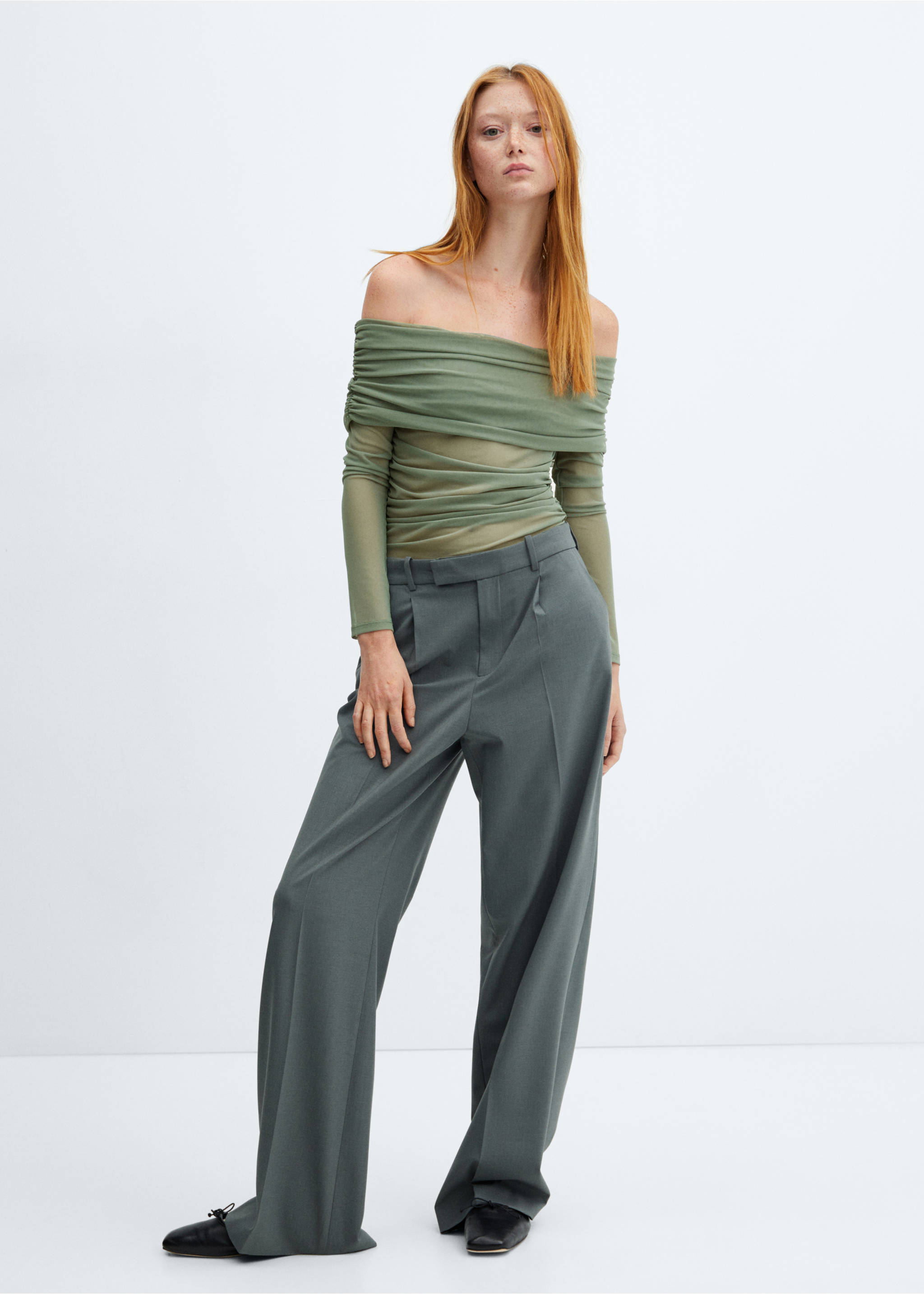 Off-the-shoulder tulle t-shirt - General plane, Green. Ref: 57027758-00.