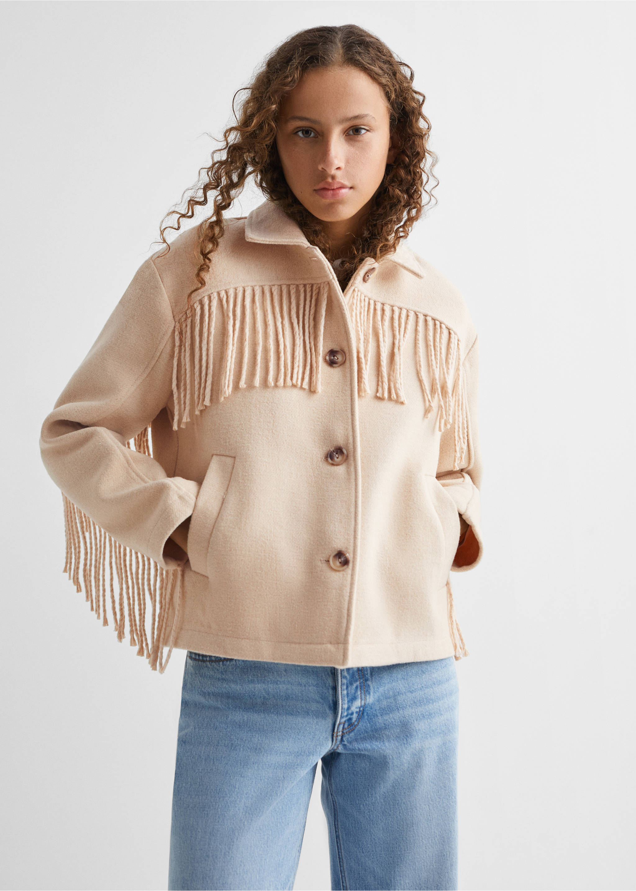 Wolljacke mit Fransen - Mittlere Ansicht, Ecru. Ref: 57028640-00.
