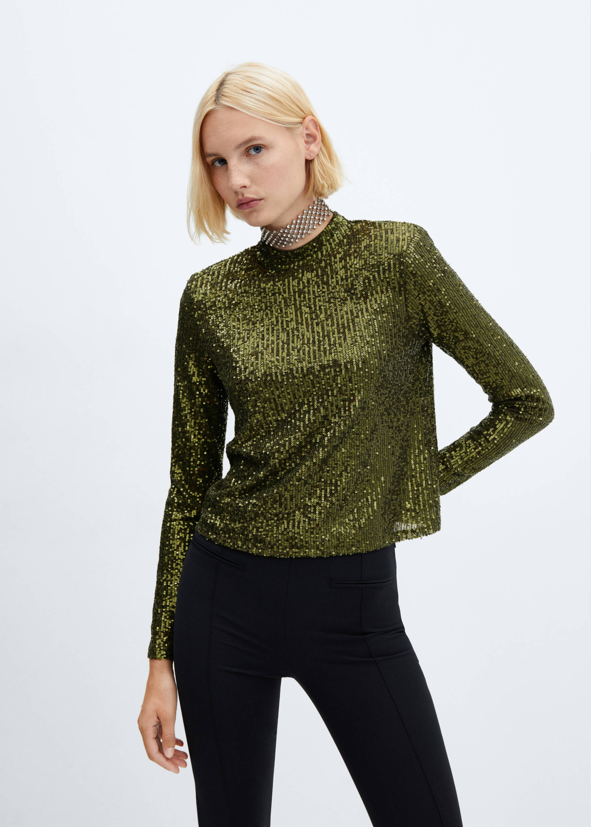 T-shirt paillettes col montant - Plan moyen
