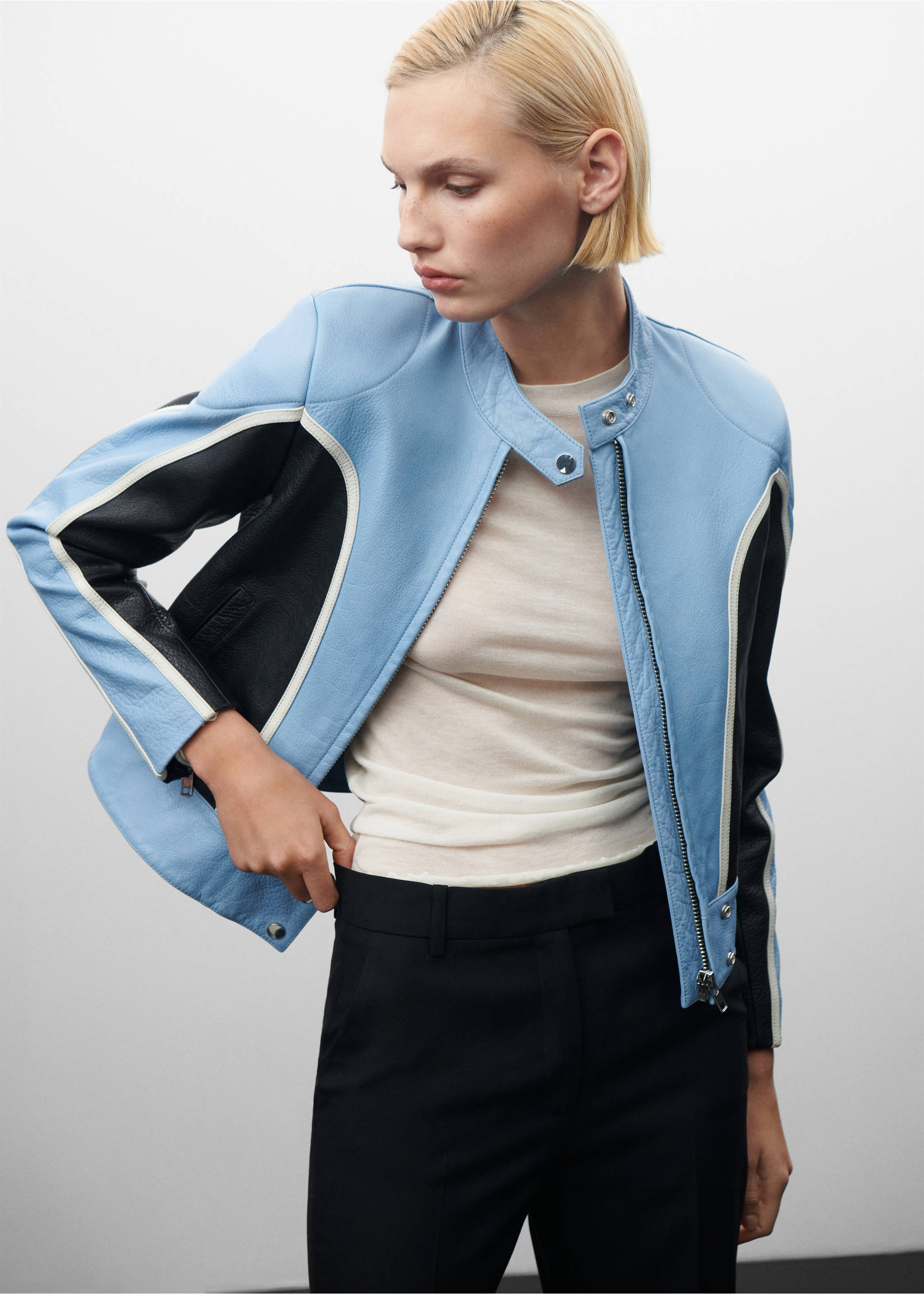 Contrast leather biker jacket - Medium plane, Blue. Ref: 57029115-00.