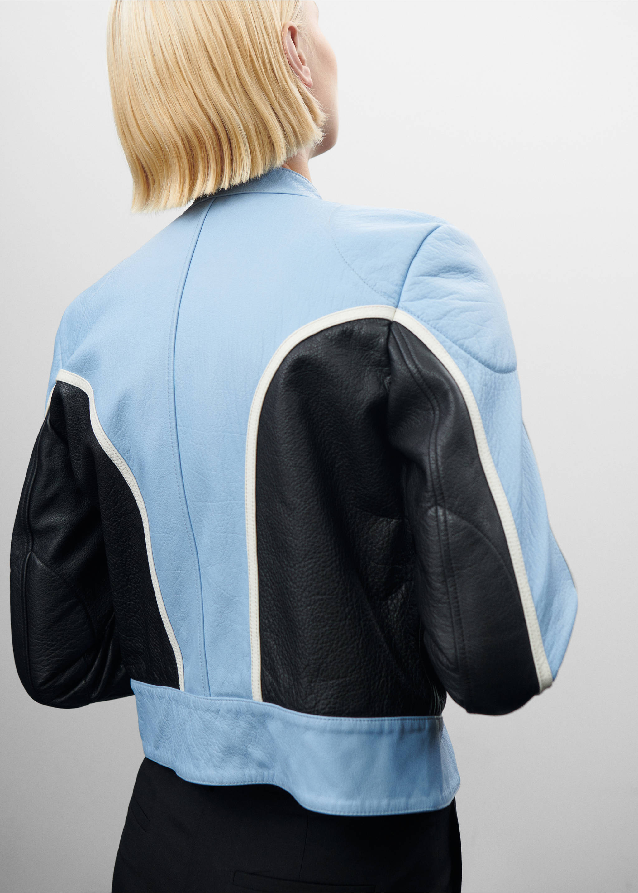 Contrast leather biker jacket - Details of the article 6, Blue. Ref: 57029115-00.