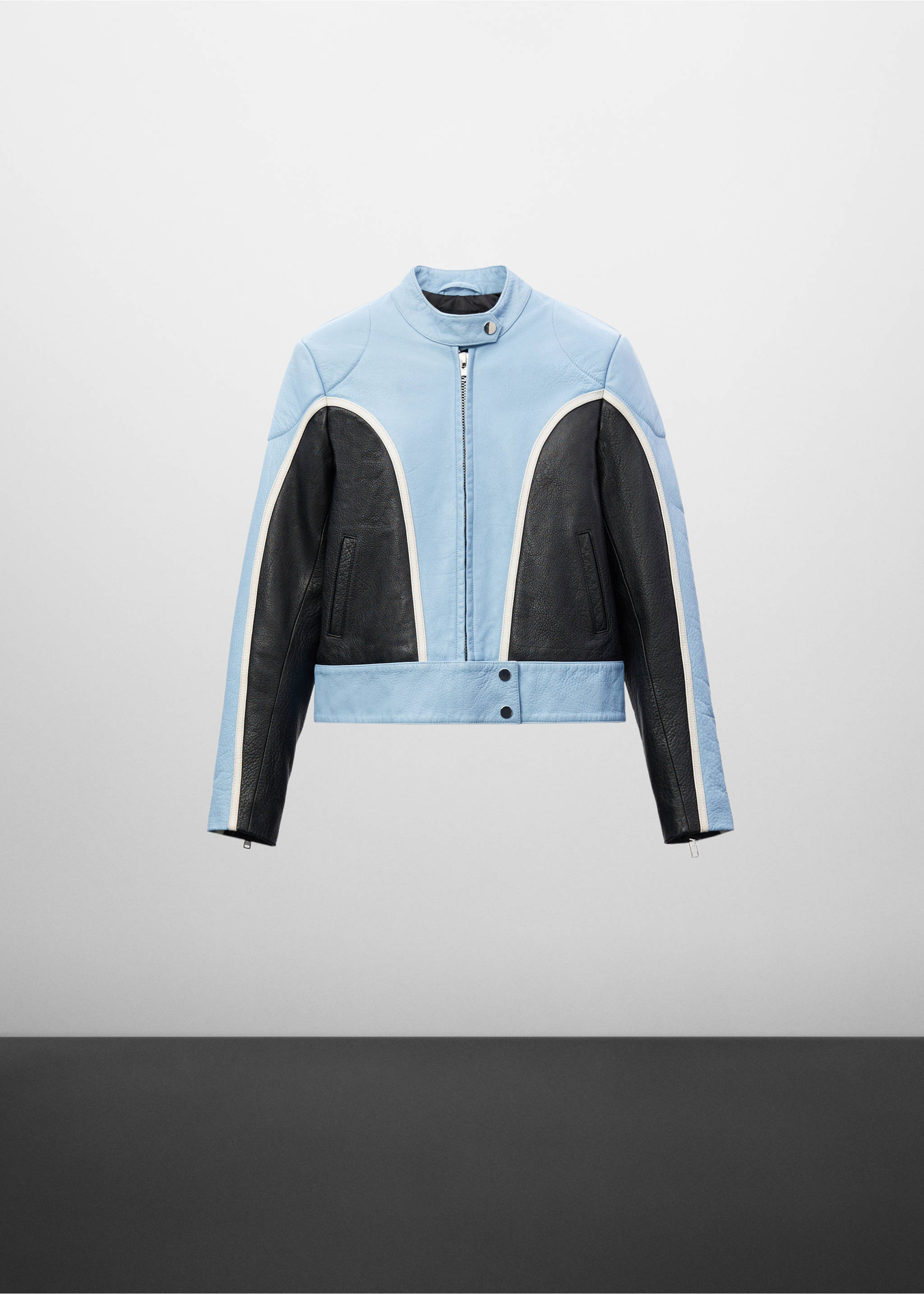 Contrast leather biker jacket - Article without model, Blue. Ref: 57029115-00.