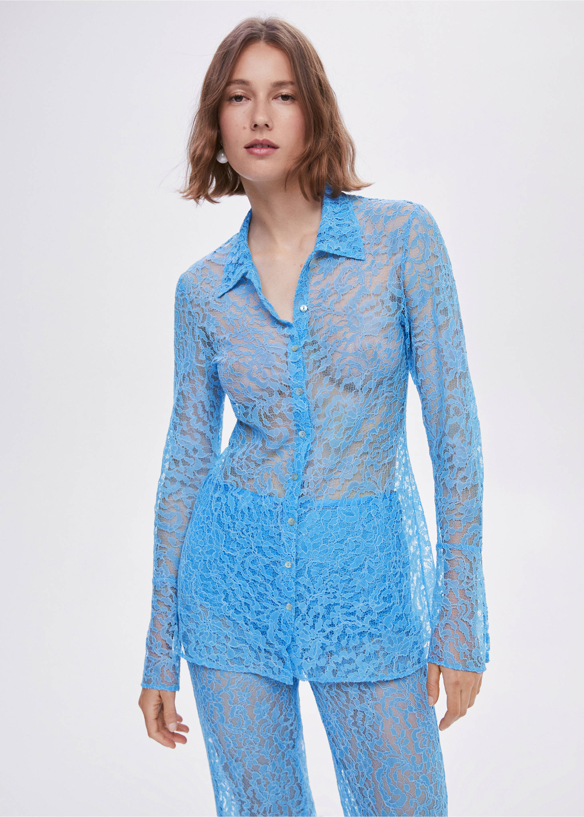 Guipure palazzo trousers - Details of the article 1, Blue. Ref: 57030494-00.