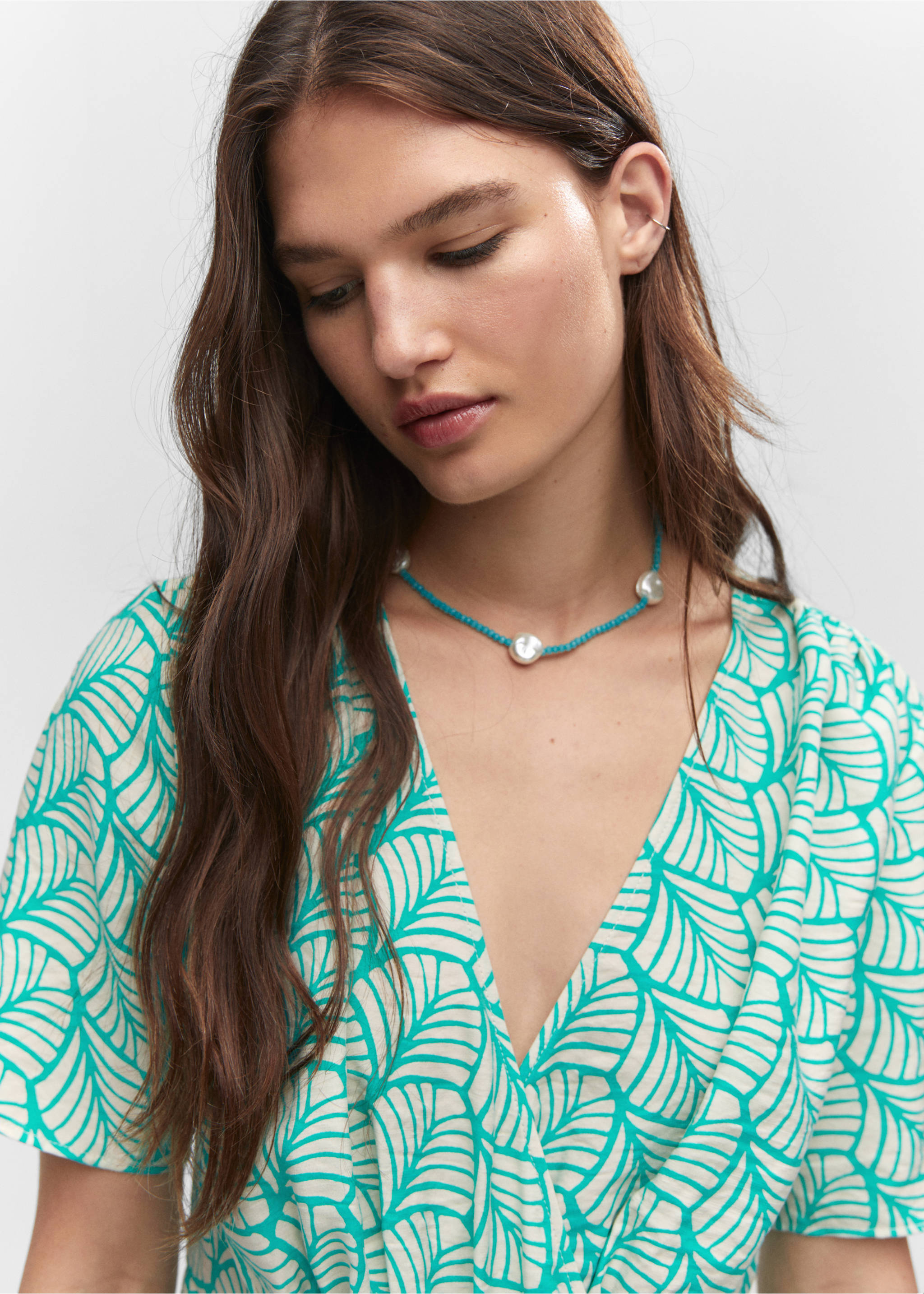 Short printed wrap dress - Details of the article 1, Turquoise. Ref: 57032890-00.