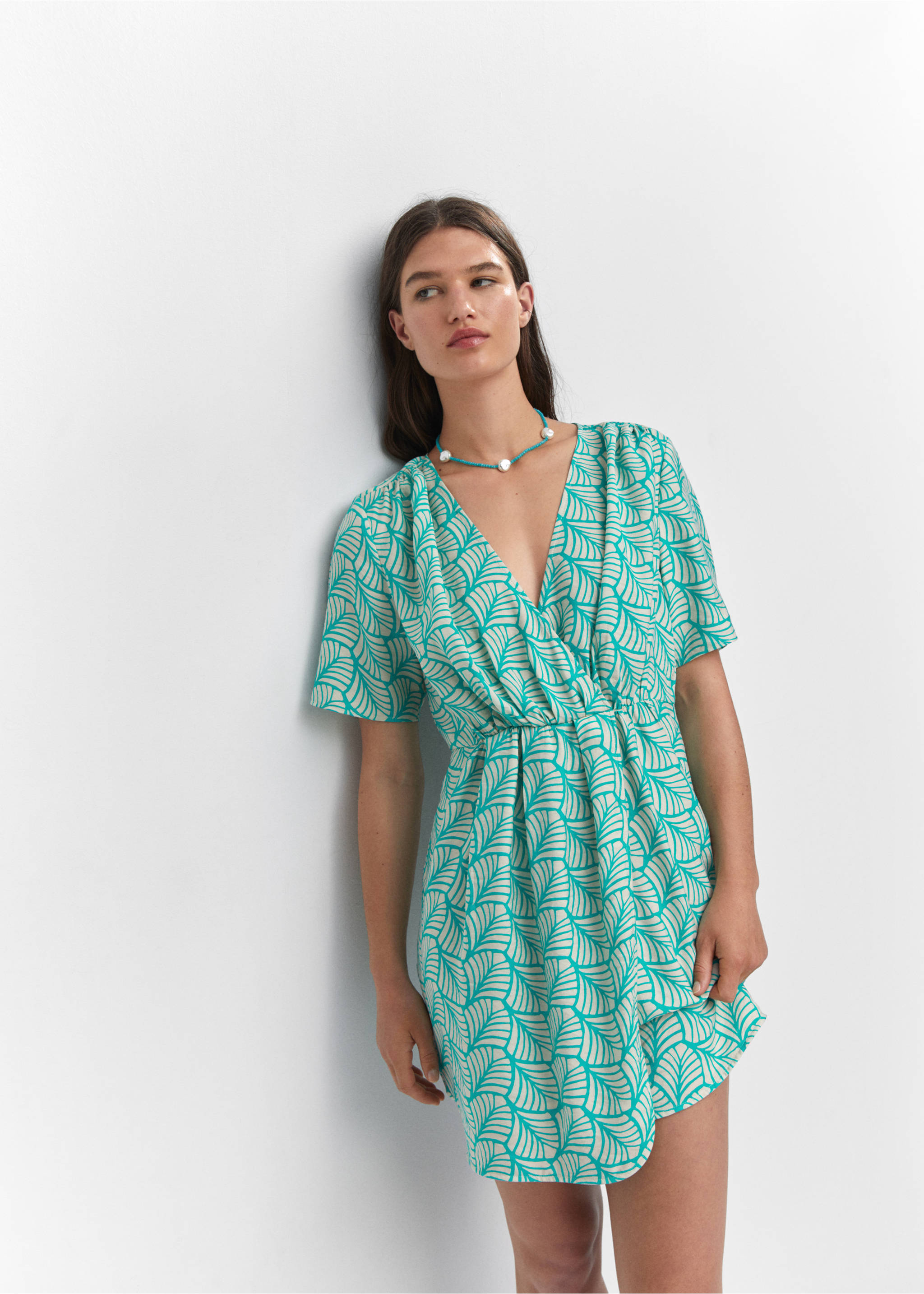Short printed wrap dress - Details of the article 2, Turquoise. Ref: 57032890-00.