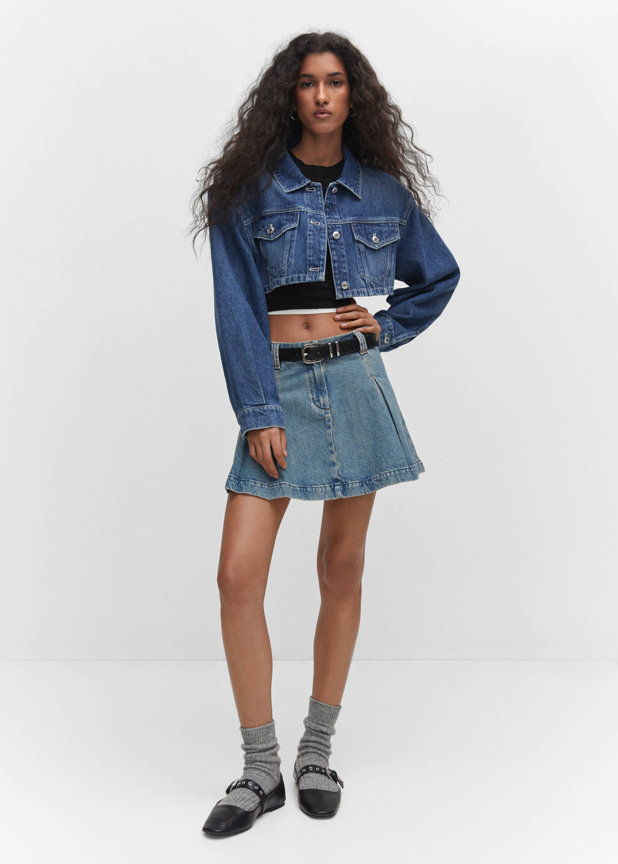 Pleated denim mini-skirt - General plane