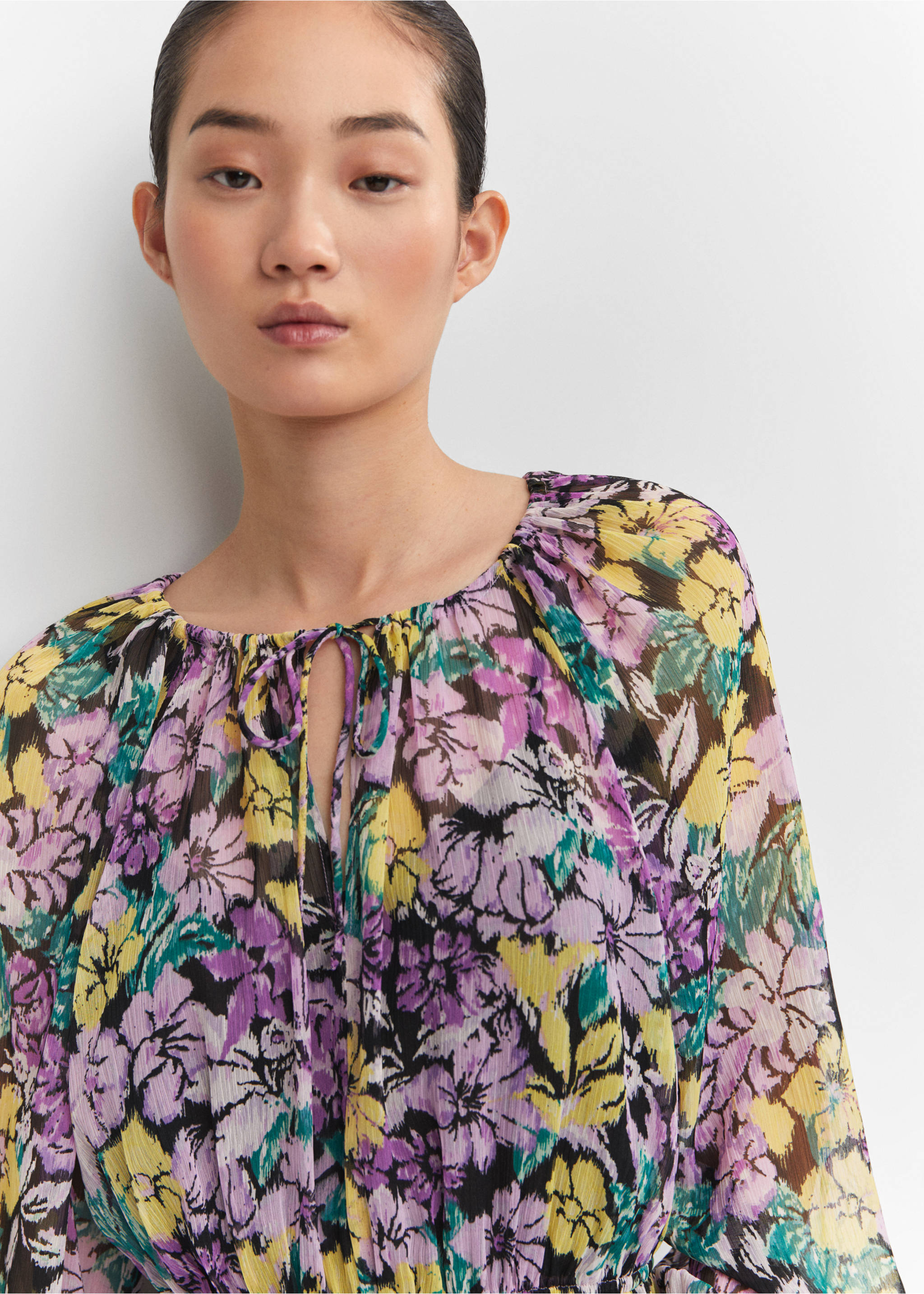 Textured floral-pattern dress - Details of the article 1, Lilac. Ref: 57033809-00.