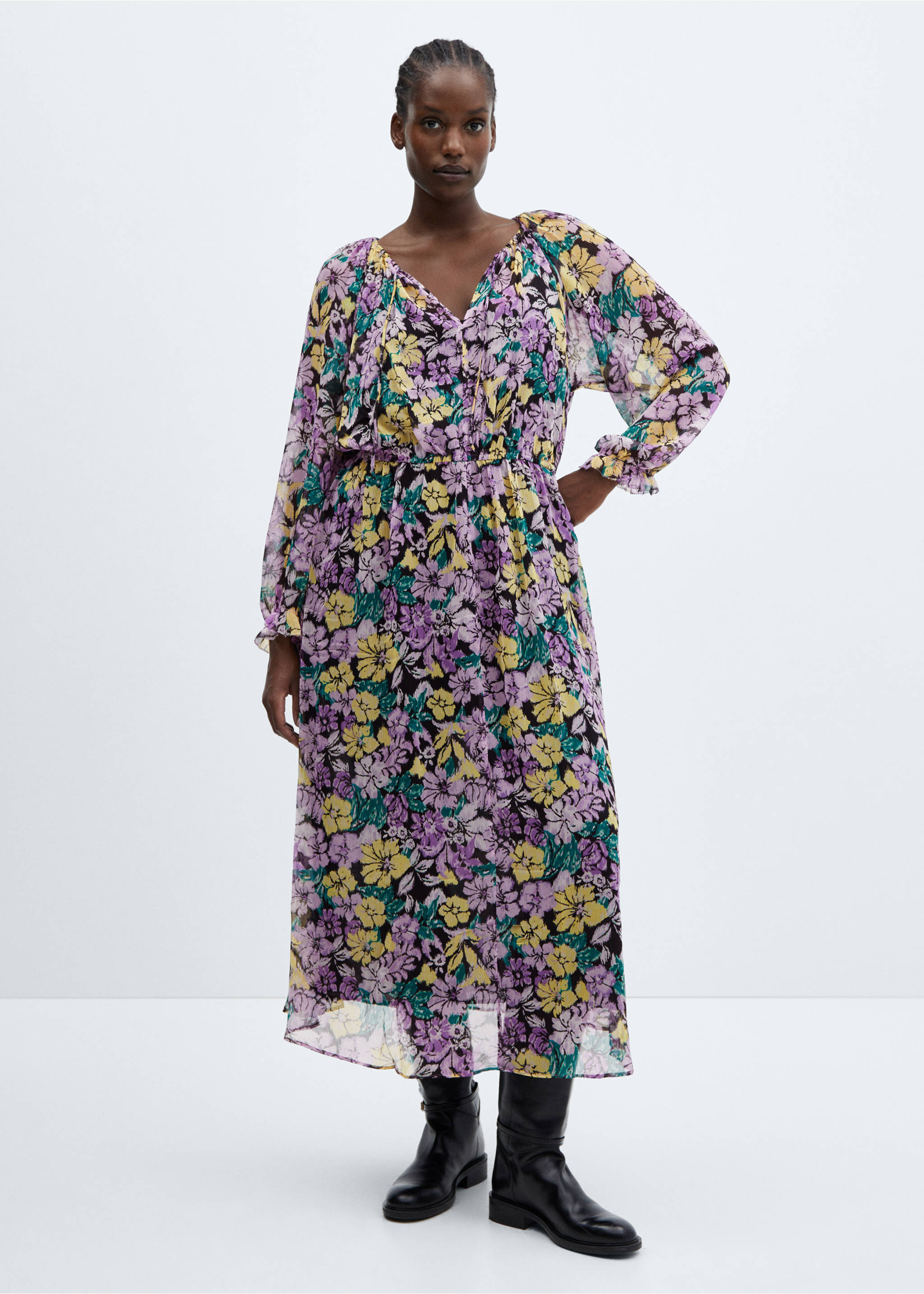 Textured floral-pattern dress - Details of the article 3, Lilac. Ref: 57033809-00.