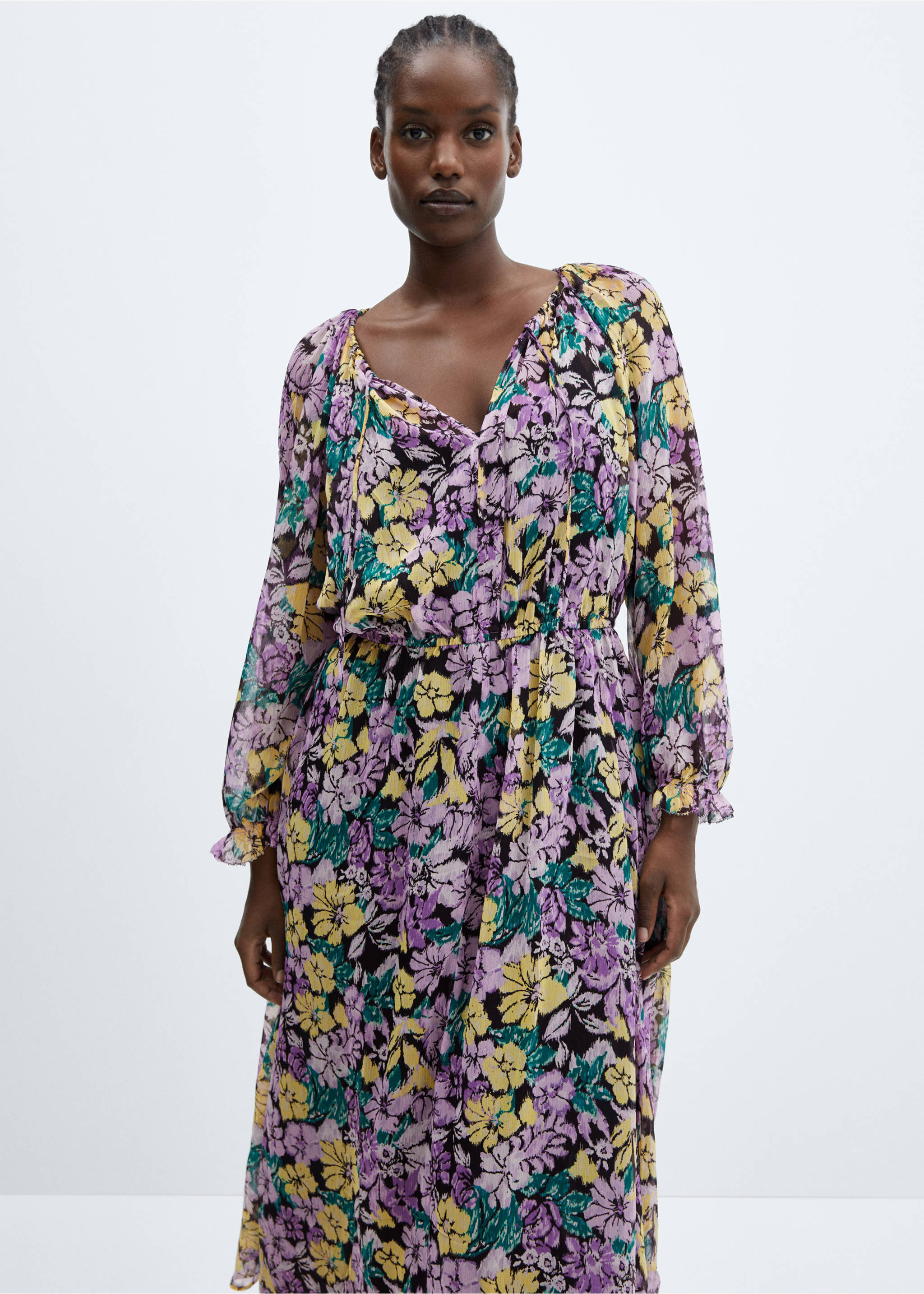 Textured floral-pattern dress - Details of the article 5, Lilac. Ref: 57033809-00.