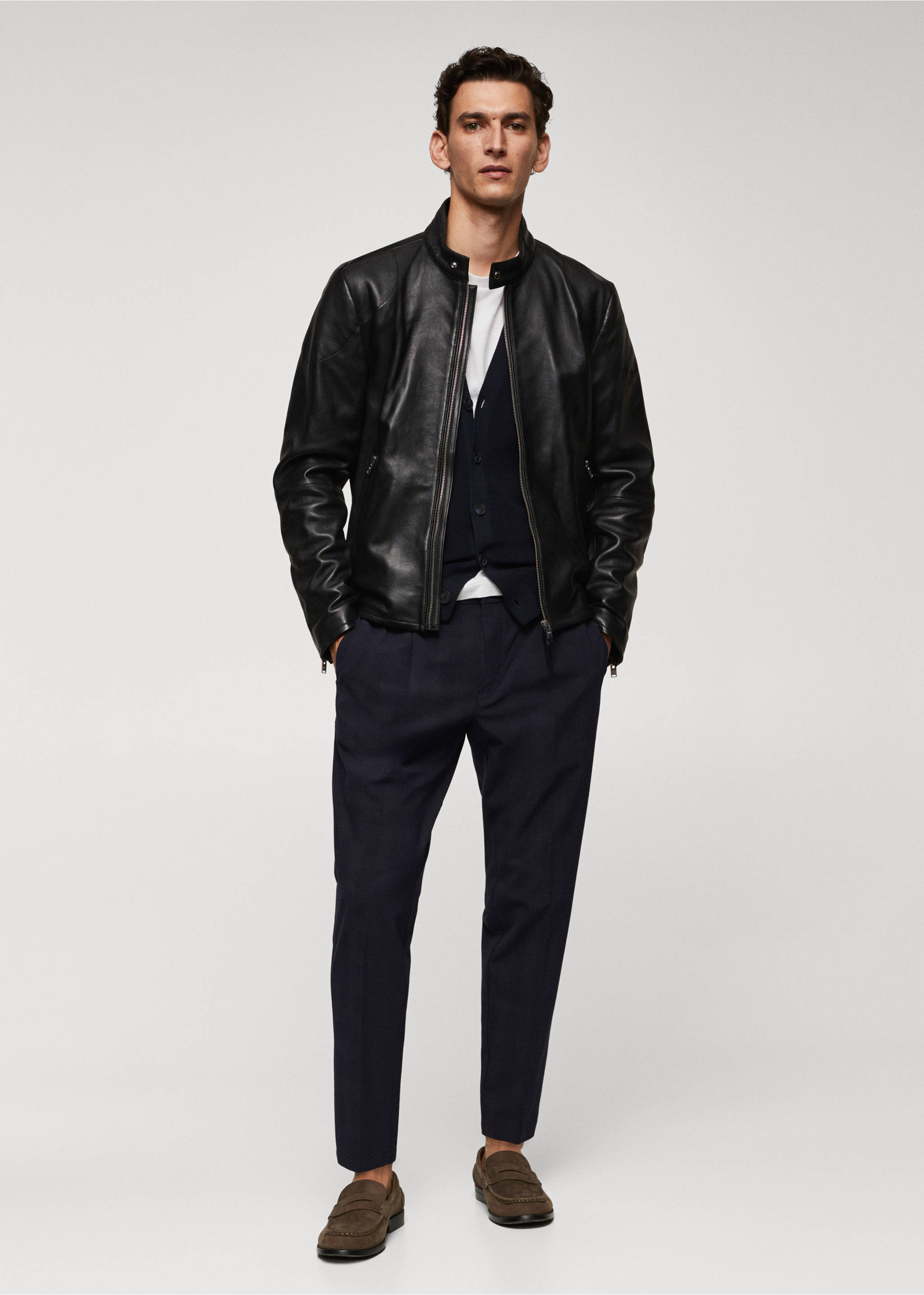 Leder-Bikerjacke mit Zipper-Detail - Allgemeine Ansicht, Schwarz. Ref: 57034386-00.