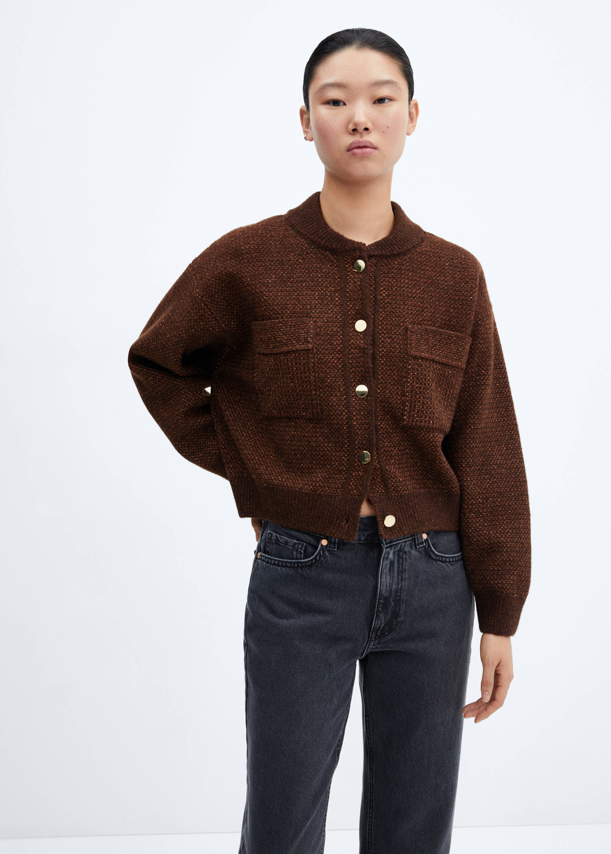 Bomber-style cardigan with pockets - Medium plane