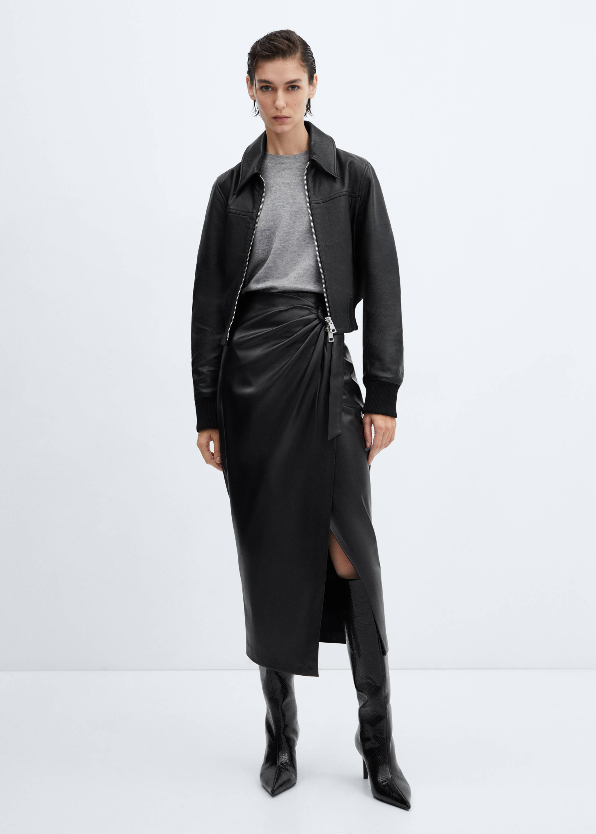 Draped faux-leather midi-skirt - General plane