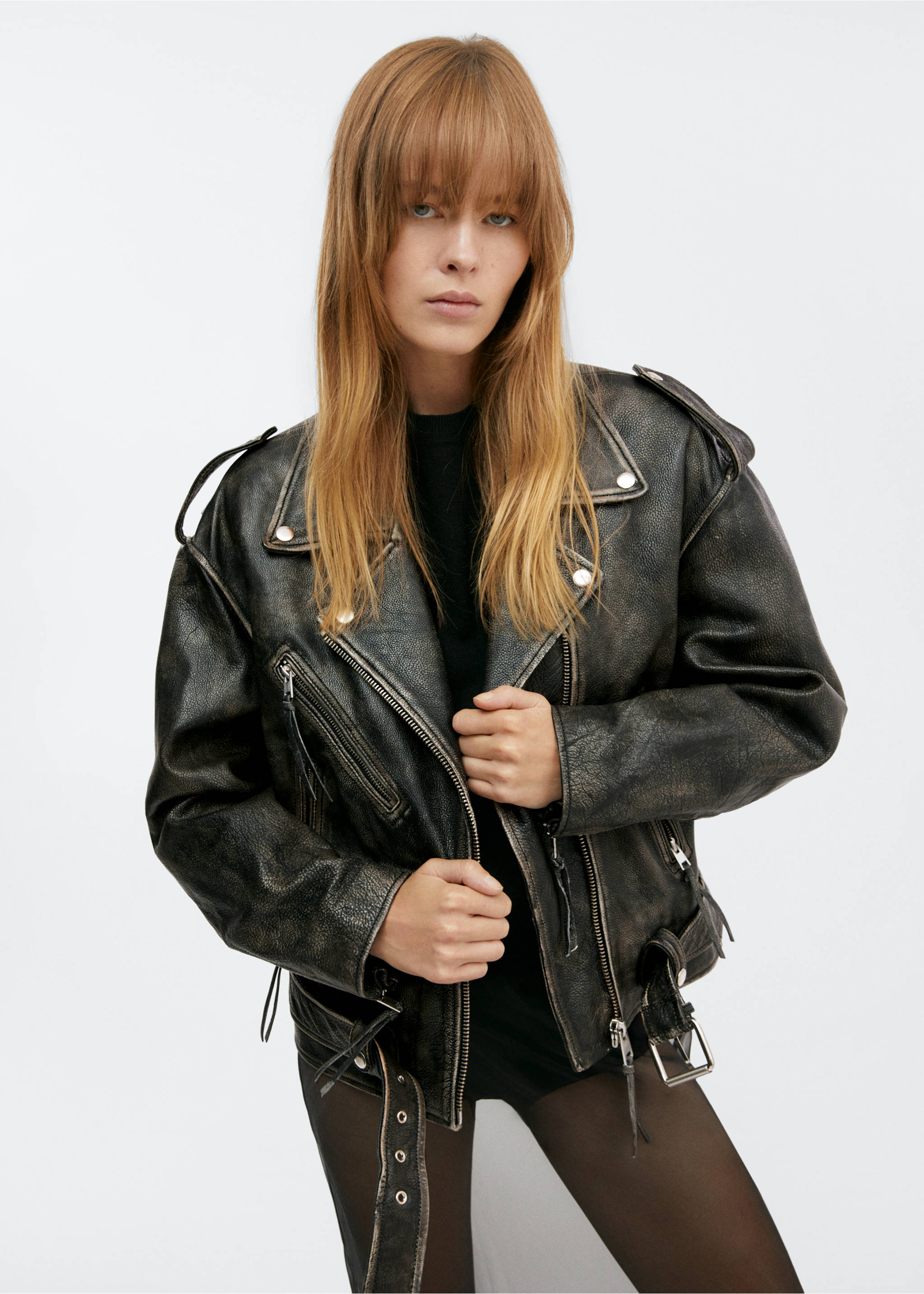 Leather biker oversize jacket - Medium plane, Black. Ref: 57035983-00.