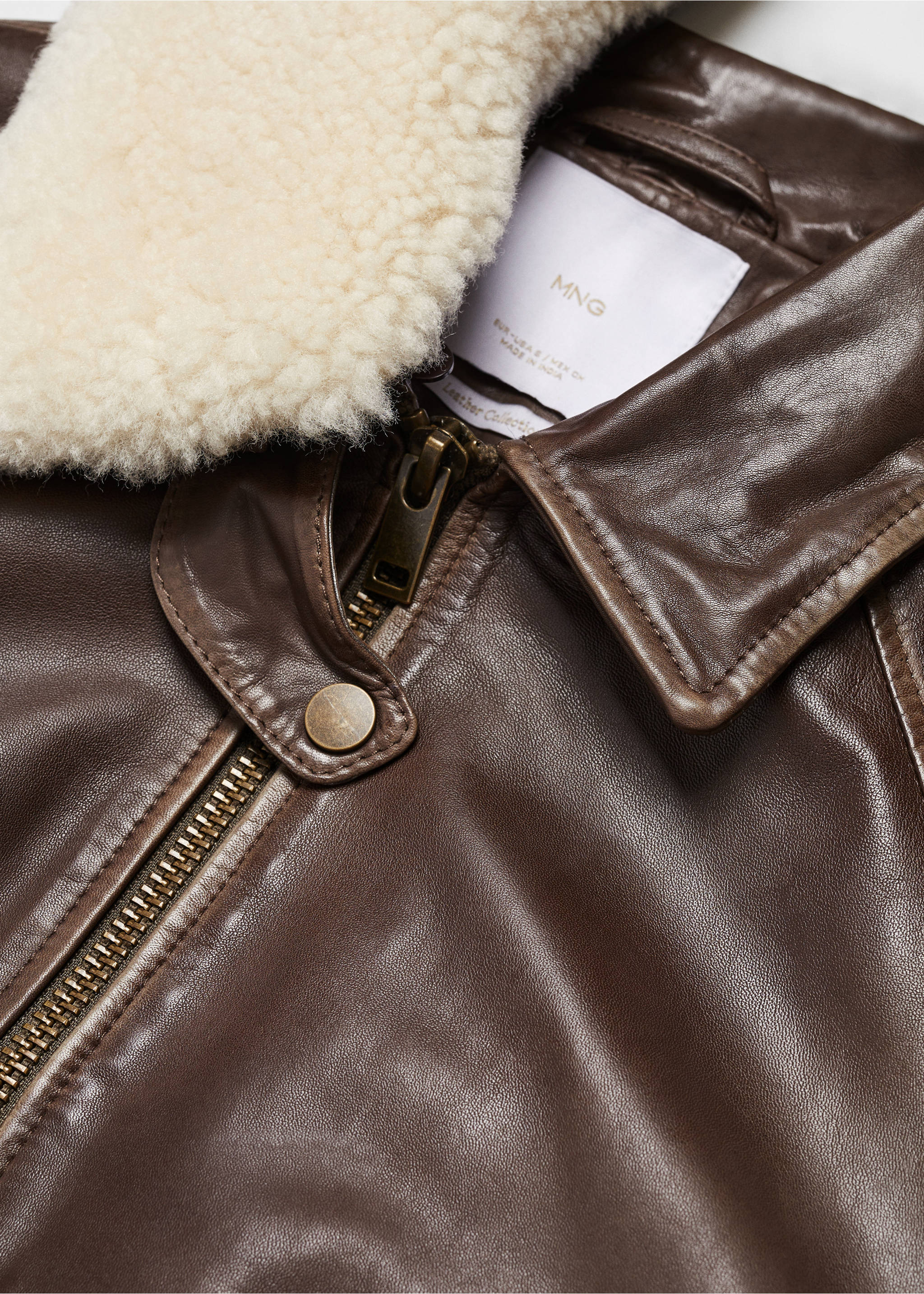 Leder-Bomberjacke mit Plüschkragen - Detail des Artikels 8, Braun. Ref: 57035986-00.