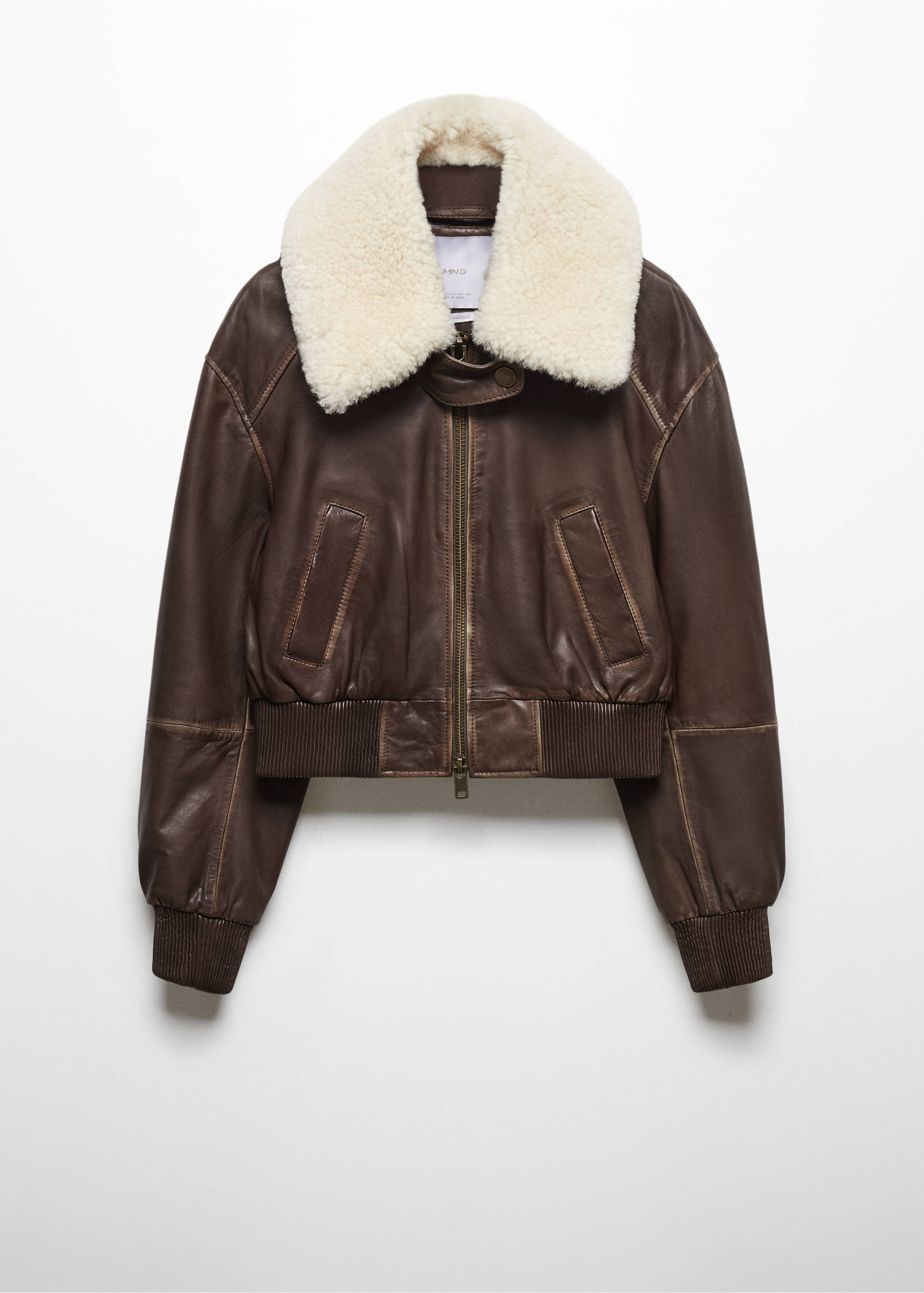 Leather bomber jacket with shearling collar - Article without model, Brown. Ref: 57035986-00.